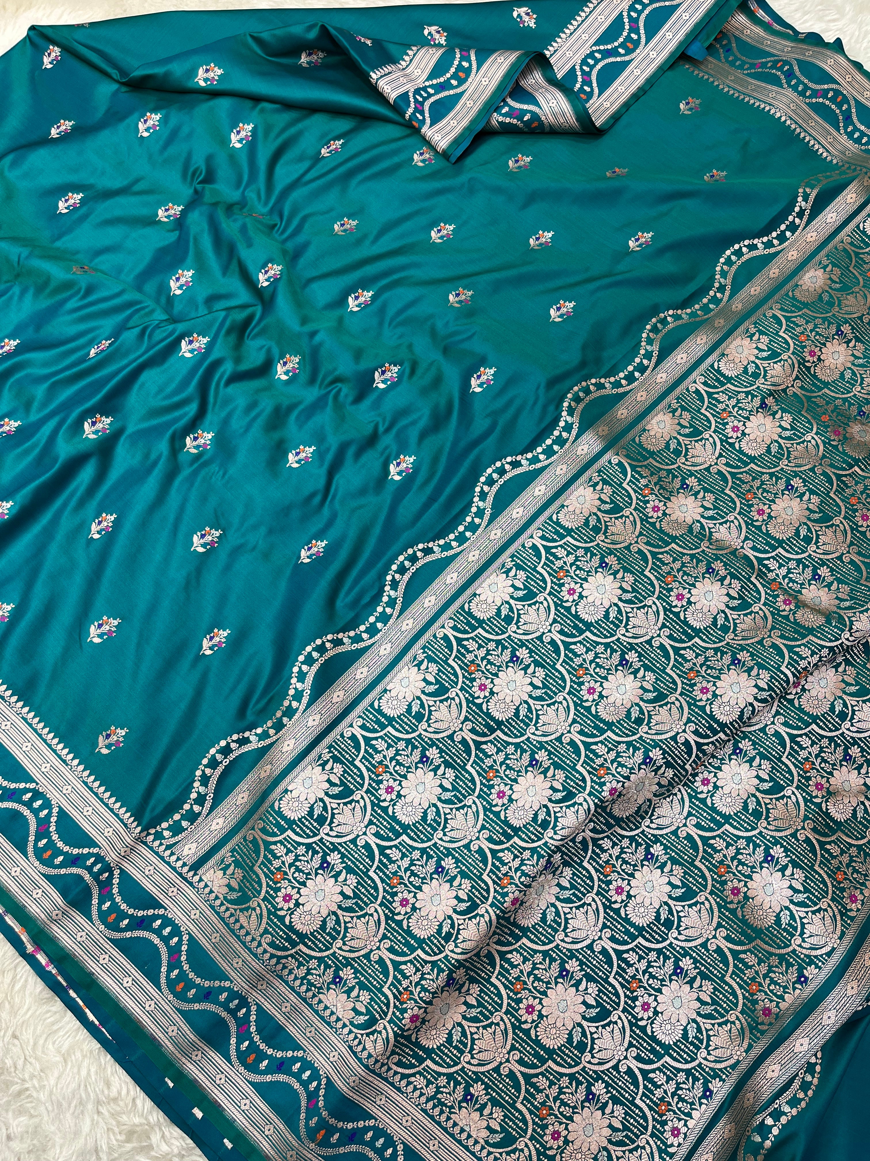 PREMIUM TEAL BLUE SHADE MASHRU KATAN SILK SAREE