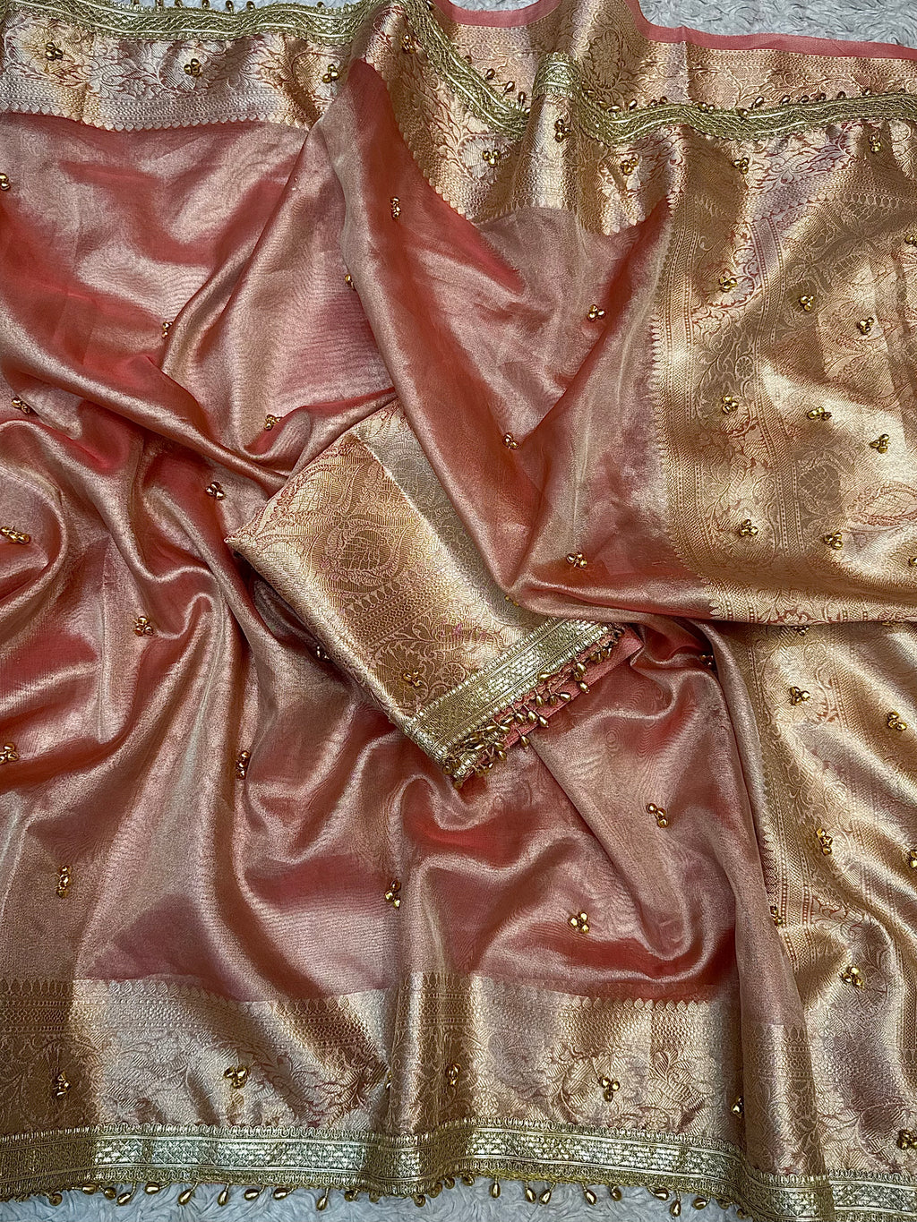 PREMIUM PEACH SHADE GHUNGROO WORK SOFT BANARASI TISSUE SILK DESIGNER SAREE