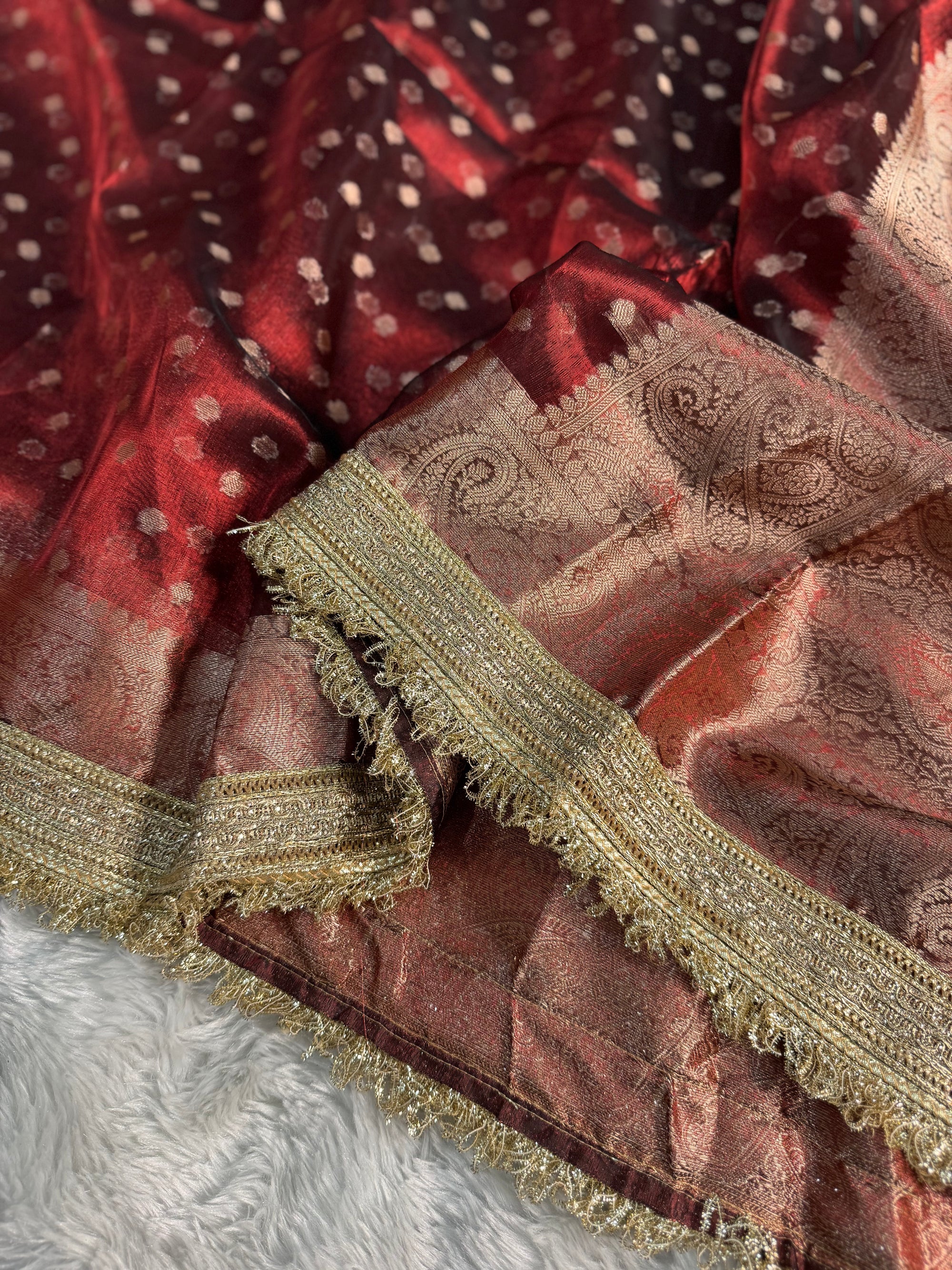 BLOOD RED SHADE SOFT TISSUE SILK SAREE WITH LACE ATTACHED