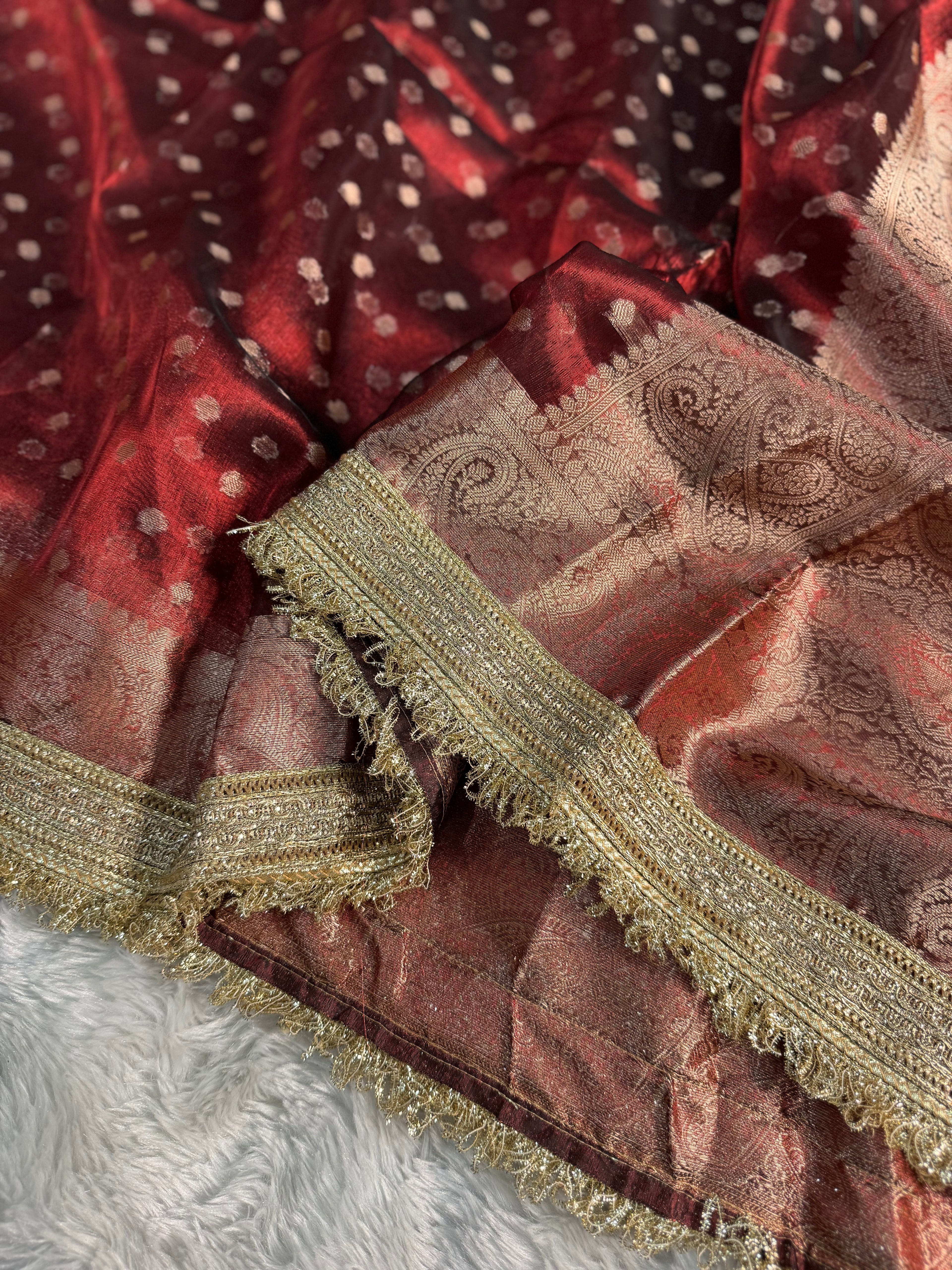 BLOOD RED SHADE SOFT TISSUE SILK SAREE WITH LACE ATTACHED