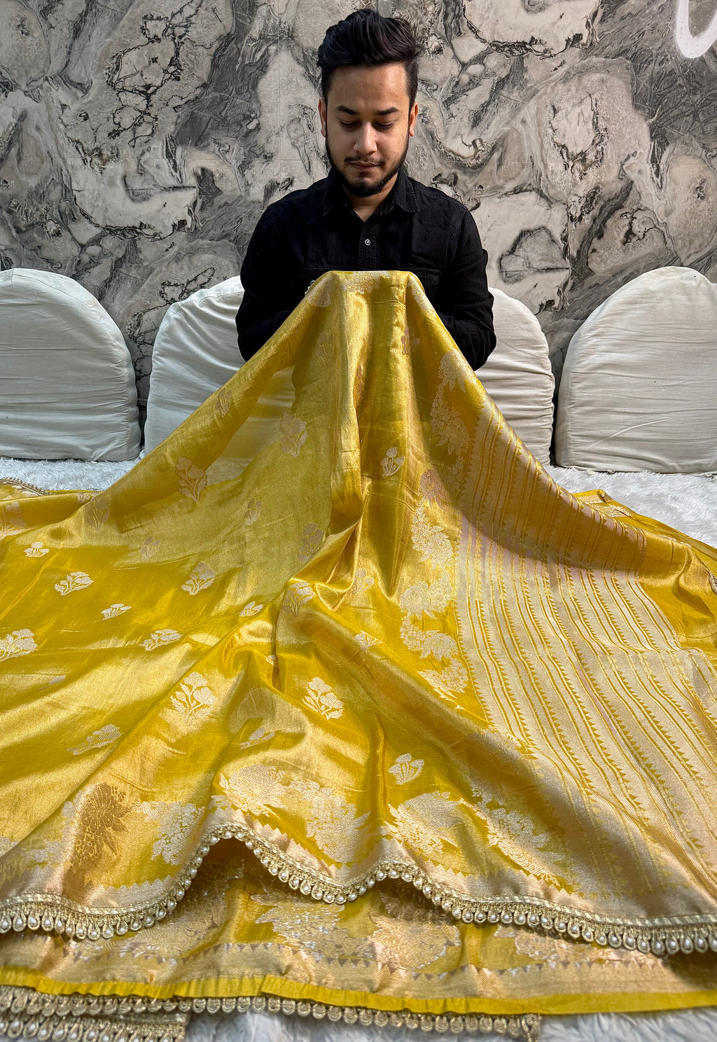 EXCLUSIVE YELLOW SHADE SOFT KATAN TISSUE SILK SAREE WITH DESIGNER LACE ATTACHED