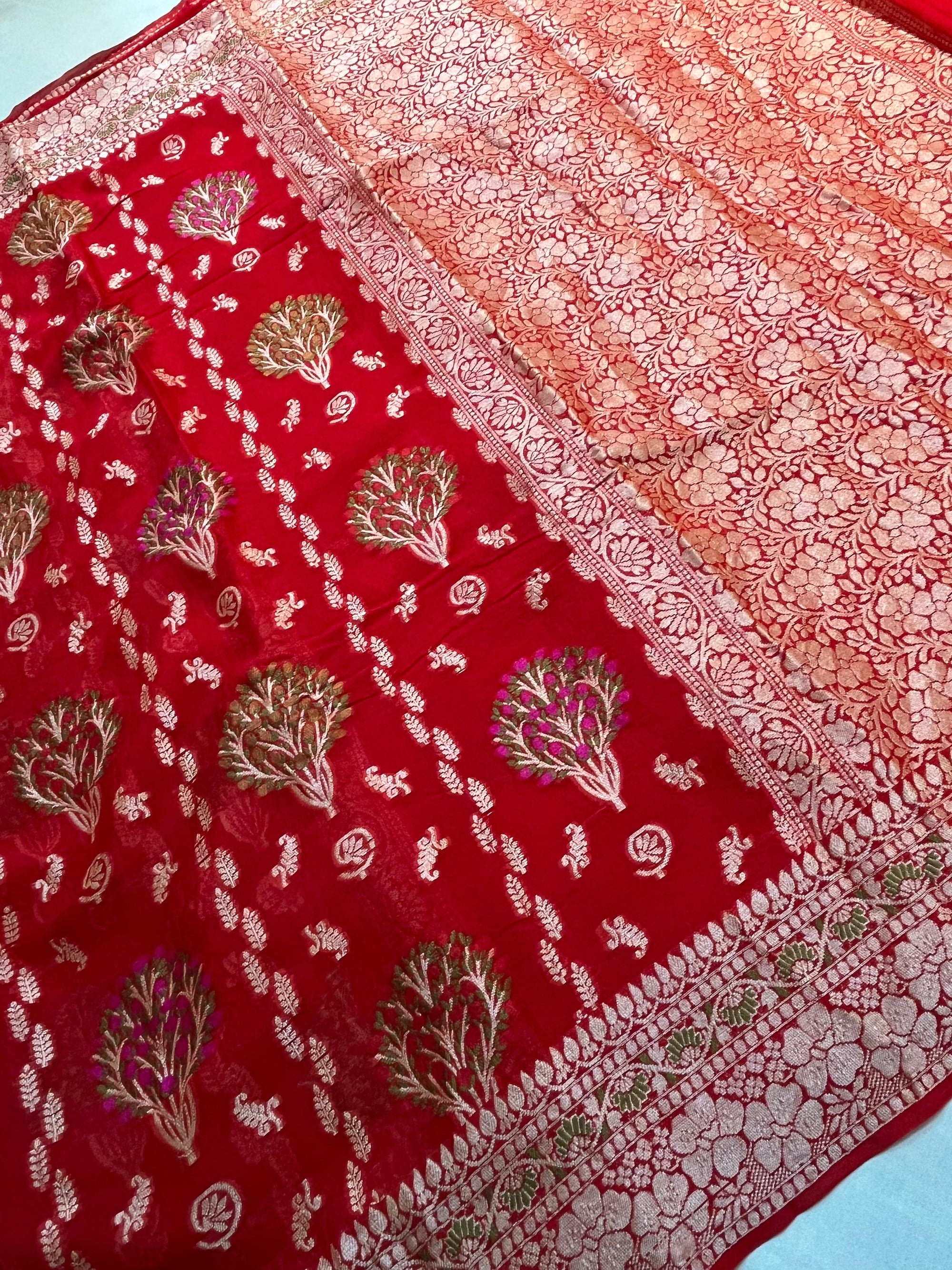 PREMIUM BRIDAL SHADE PURE KHADDI GEORGETTE SILK SAREE WITH BEAUTIFUL HAND-BRUSH