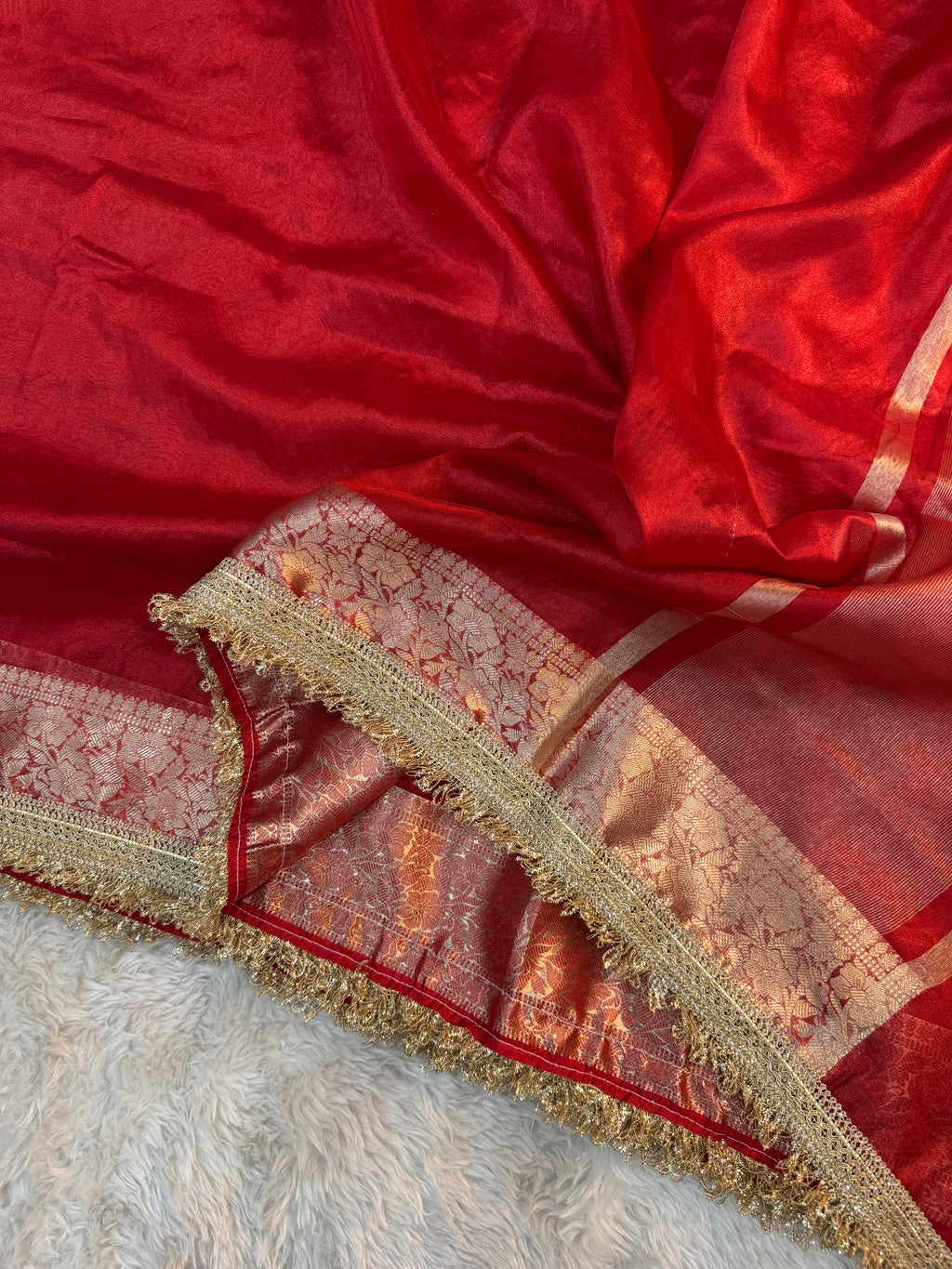 PREMIUM RED SHADE SOFT TISSUE SILK SAREE WITH LACE ATTACHED