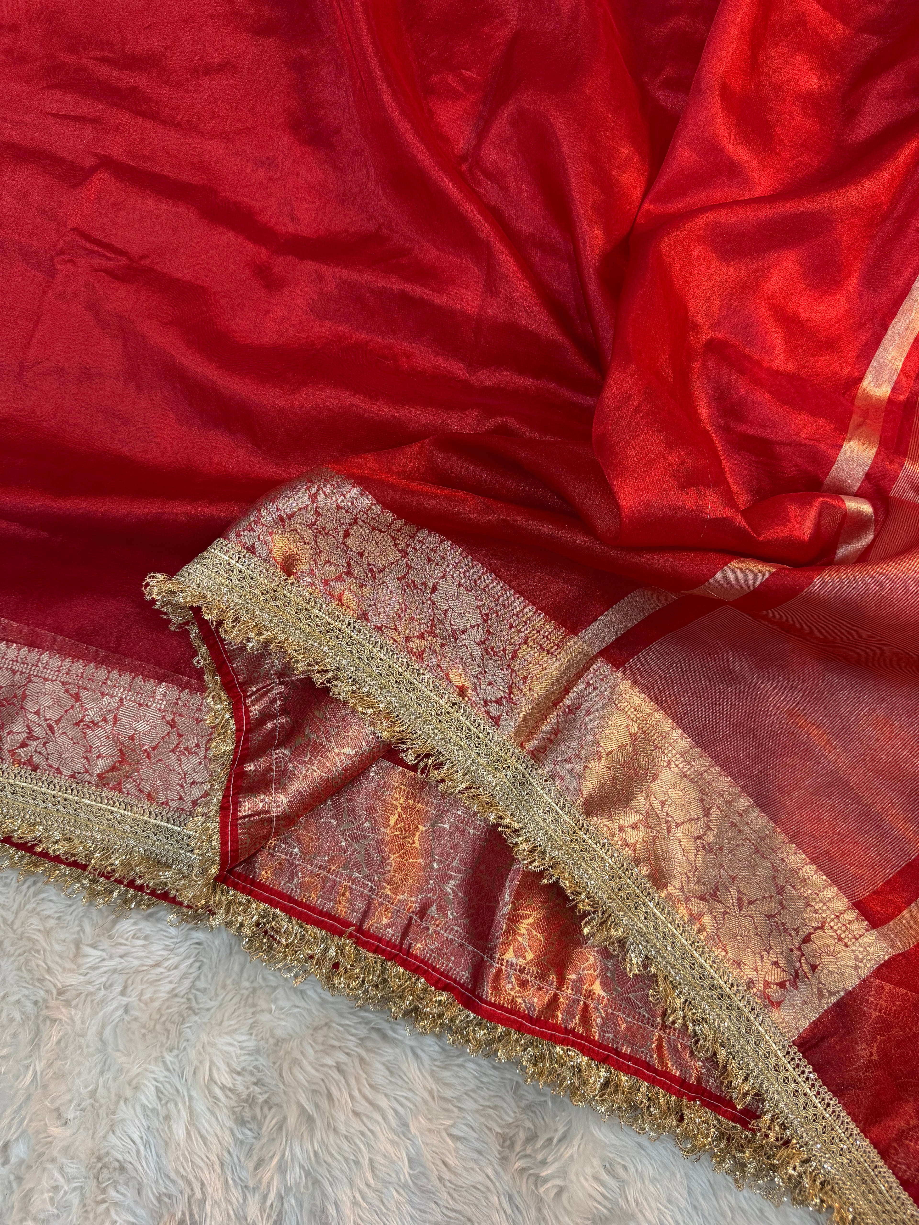 PREMIUM RED SHADE SOFT TISSUE SILK SAREE WITH LACE ATTACHED