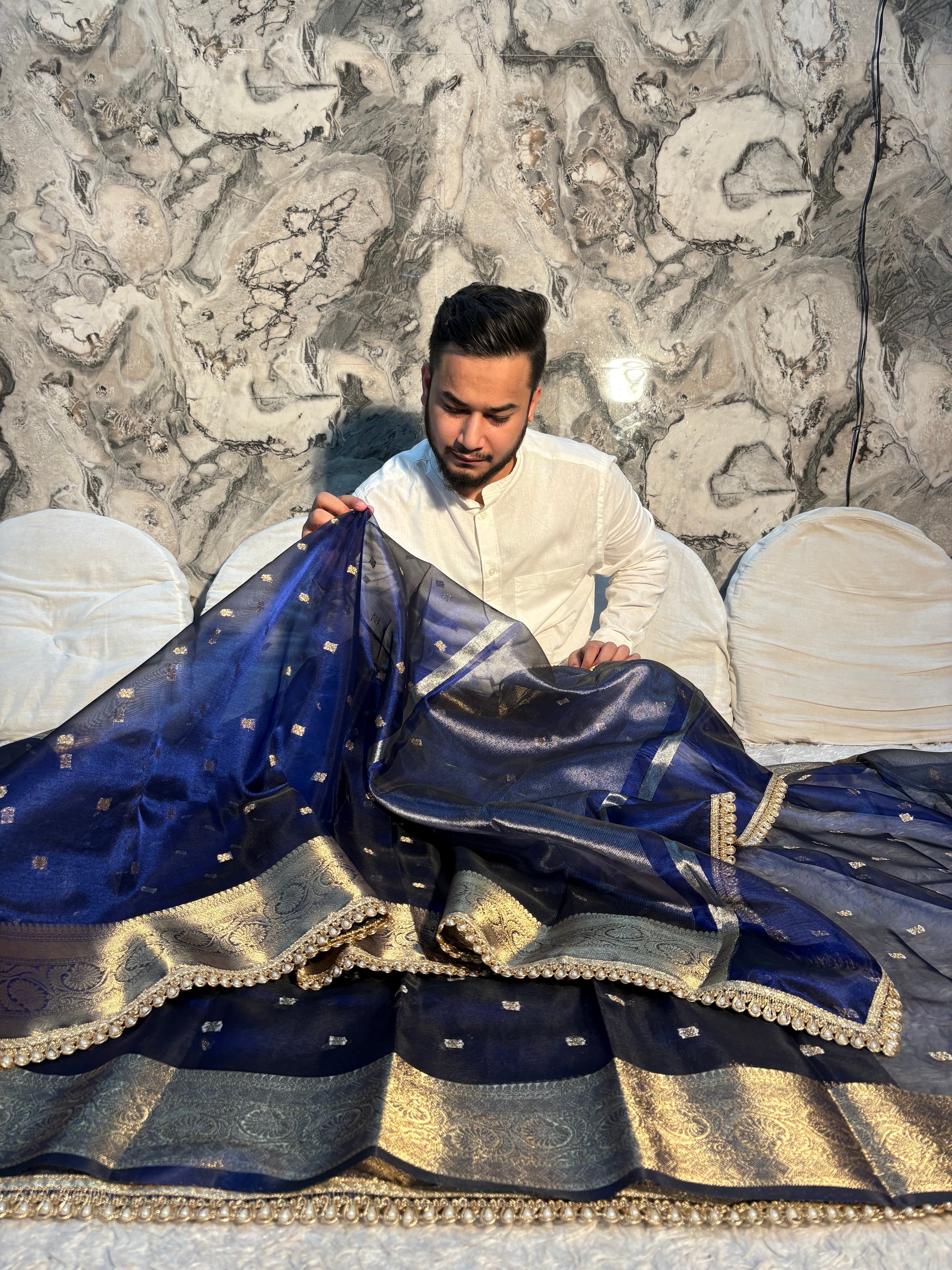 *DHOOP CHHAON* PREMIUM NEVY BLUE DESIGNER TISSUE SILK BOOTI SAREE WITH LACE ATTACHED