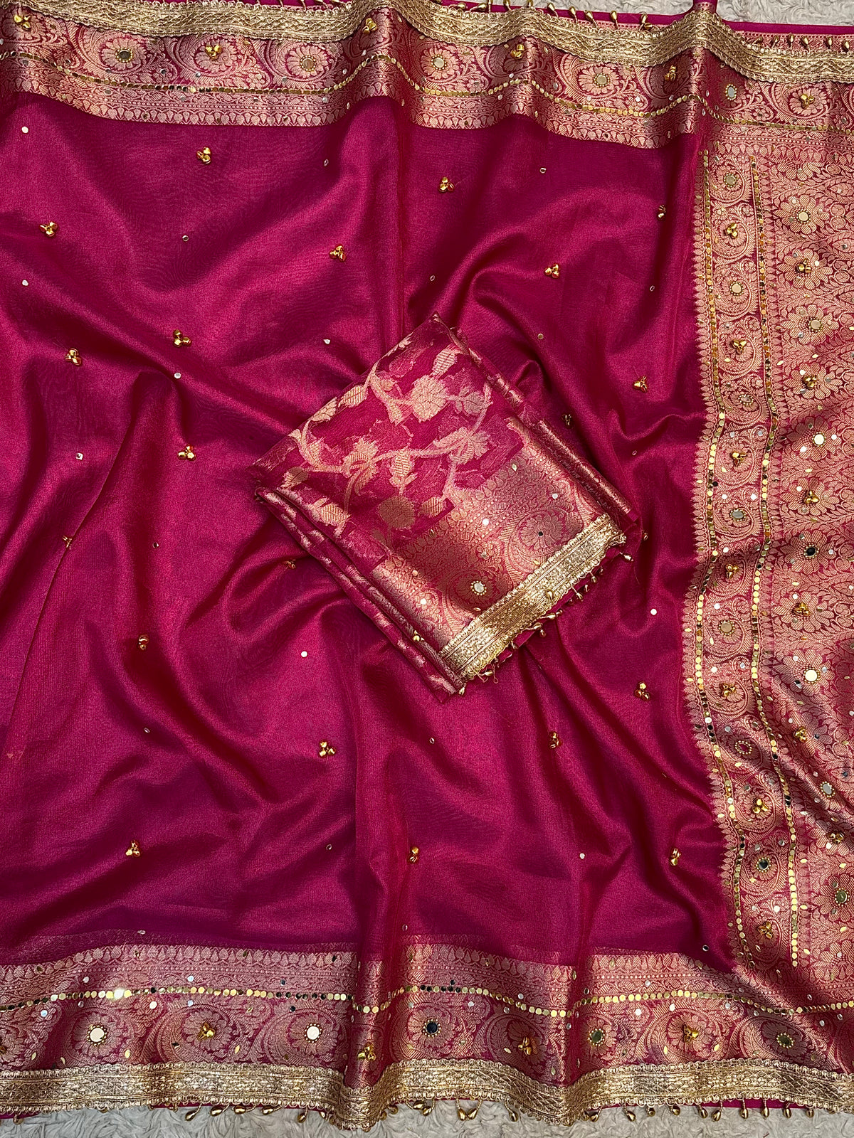 PREMIUM RANI SHADE SOFT BANARASI TISSUE SILK GHUNGROO WORK WITH MIRROR WORK DESIGNER SAREE