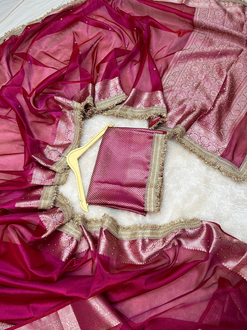 PREMIUM HOT PINK SHADE SOFT TISSUE SILK SAREE DESIGNER HAND STONE WORK WITH LACE ATTACHED