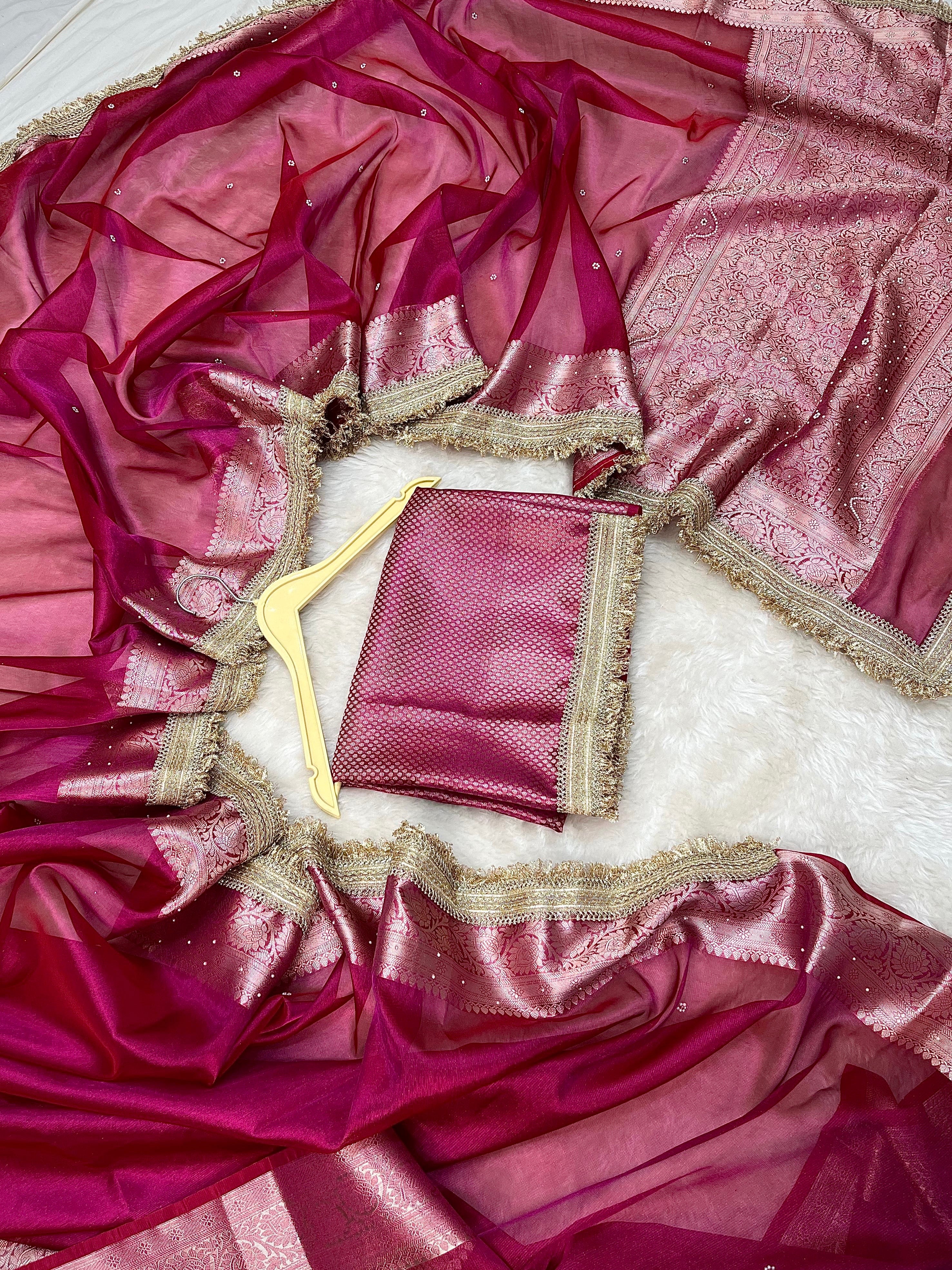PREMIUM HOT PINK SHADE SOFT TISSUE SILK SAREE DESIGNER HAND STONE WORK WITH LACE ATTACHED