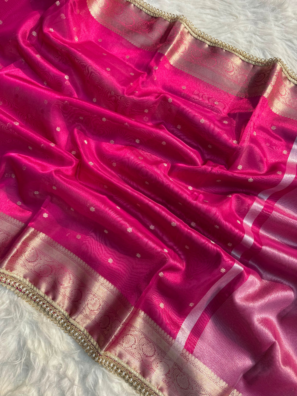 PREMIUM RANI SHADE DESIGNER TISSUE SILK BOOTI SAREE WITH LACE ATTACHED
