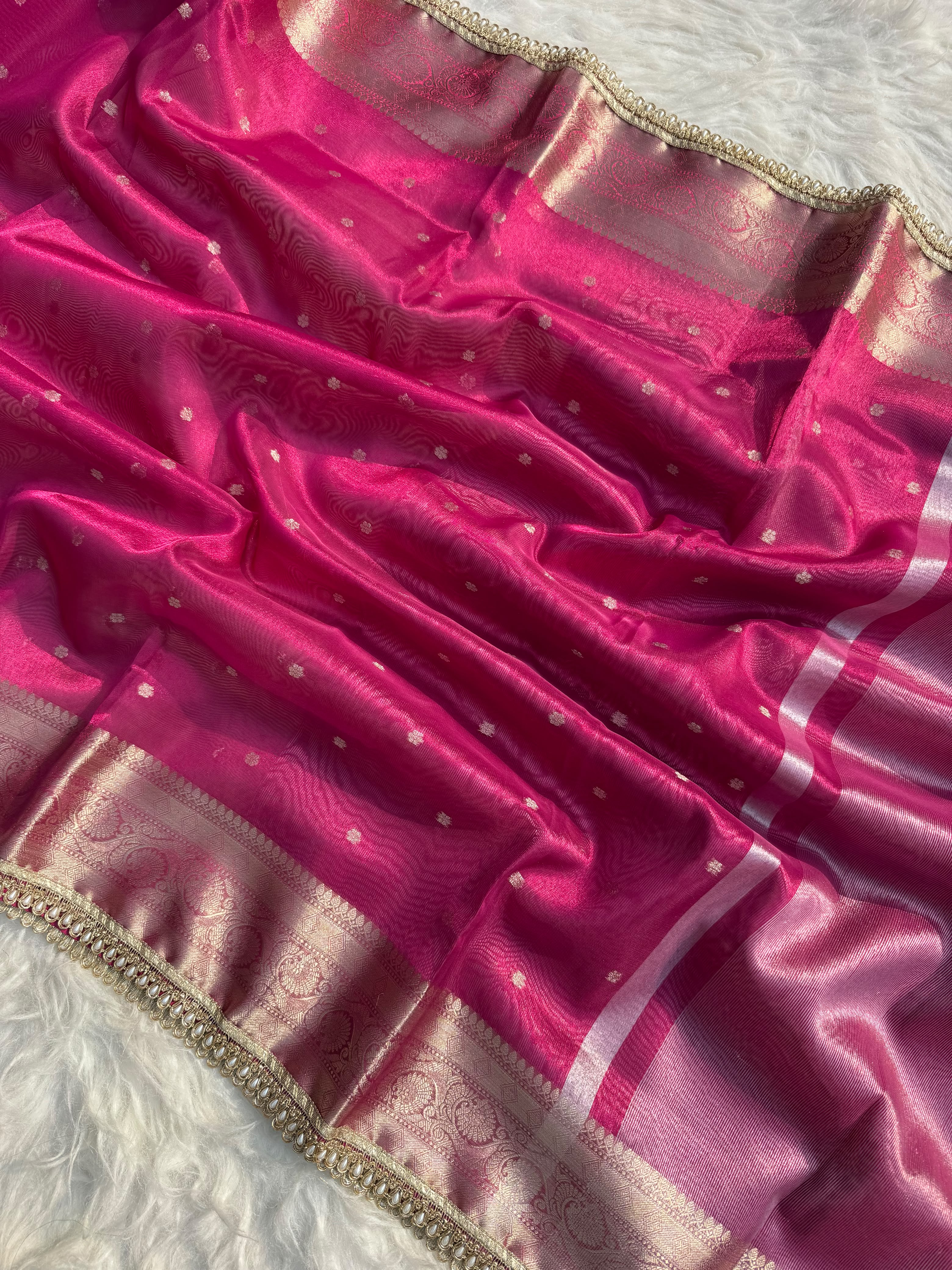 PREMIUM RANI SHADE DESIGNER TISSUE SILK BOOTI SAREE WITH LACE ATTACHED