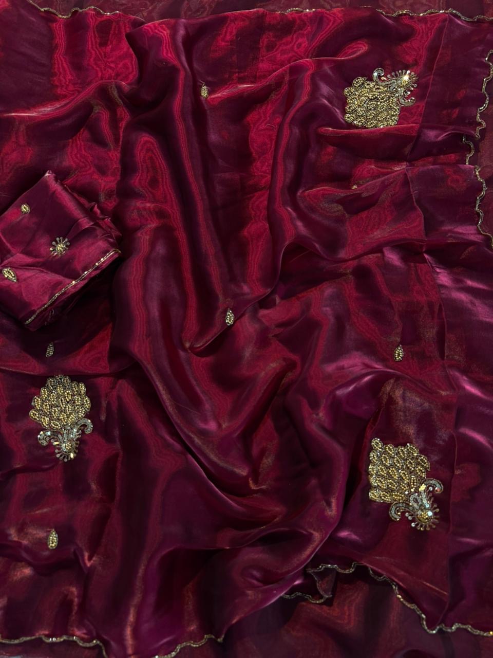 PREMIUM RED SHADE SHIMMERY TISSUE SILK HAND WORK CUTDANA SAREE