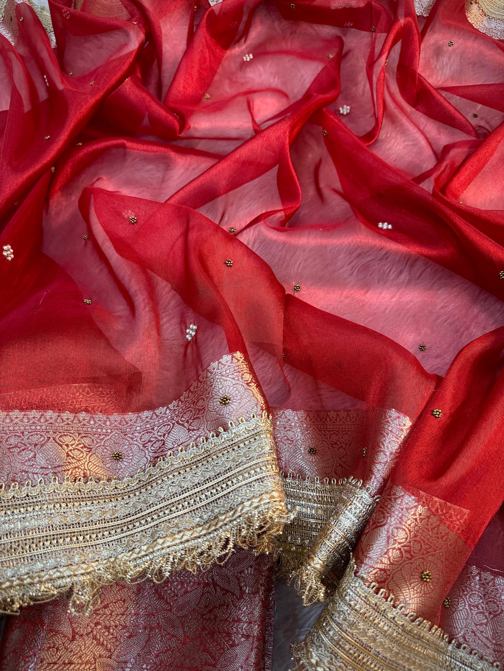 LUXURIOUS BRIDAL RED SHADE SOFT TISSUE SILK WITH PREMIUM HAND EMBROIDERY AND LACE WORK