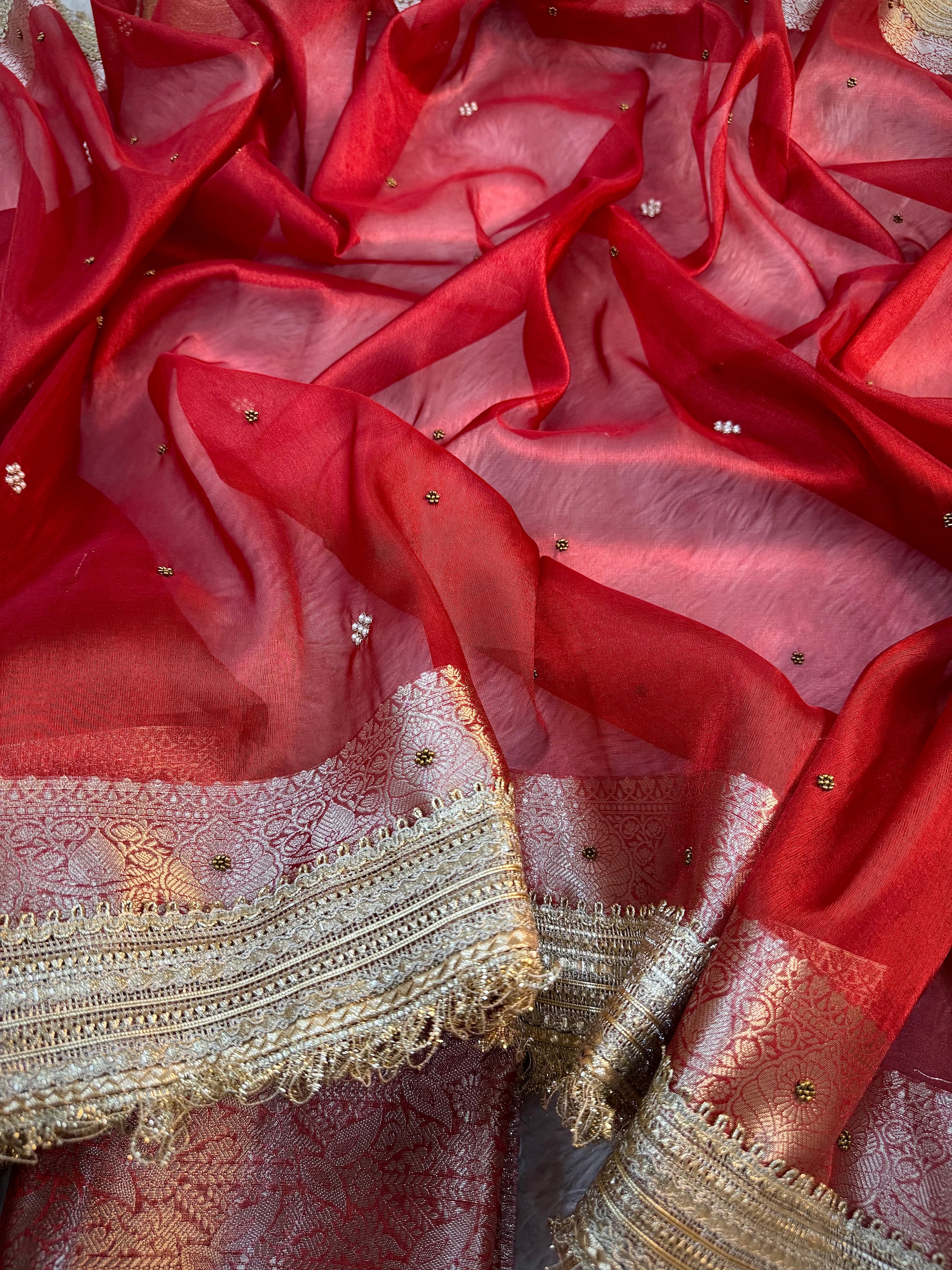 LUXURIOUS BRIDAL RED SHADE SOFT TISSUE SILK WITH PREMIUM HAND EMBROIDERY AND LACE WORK