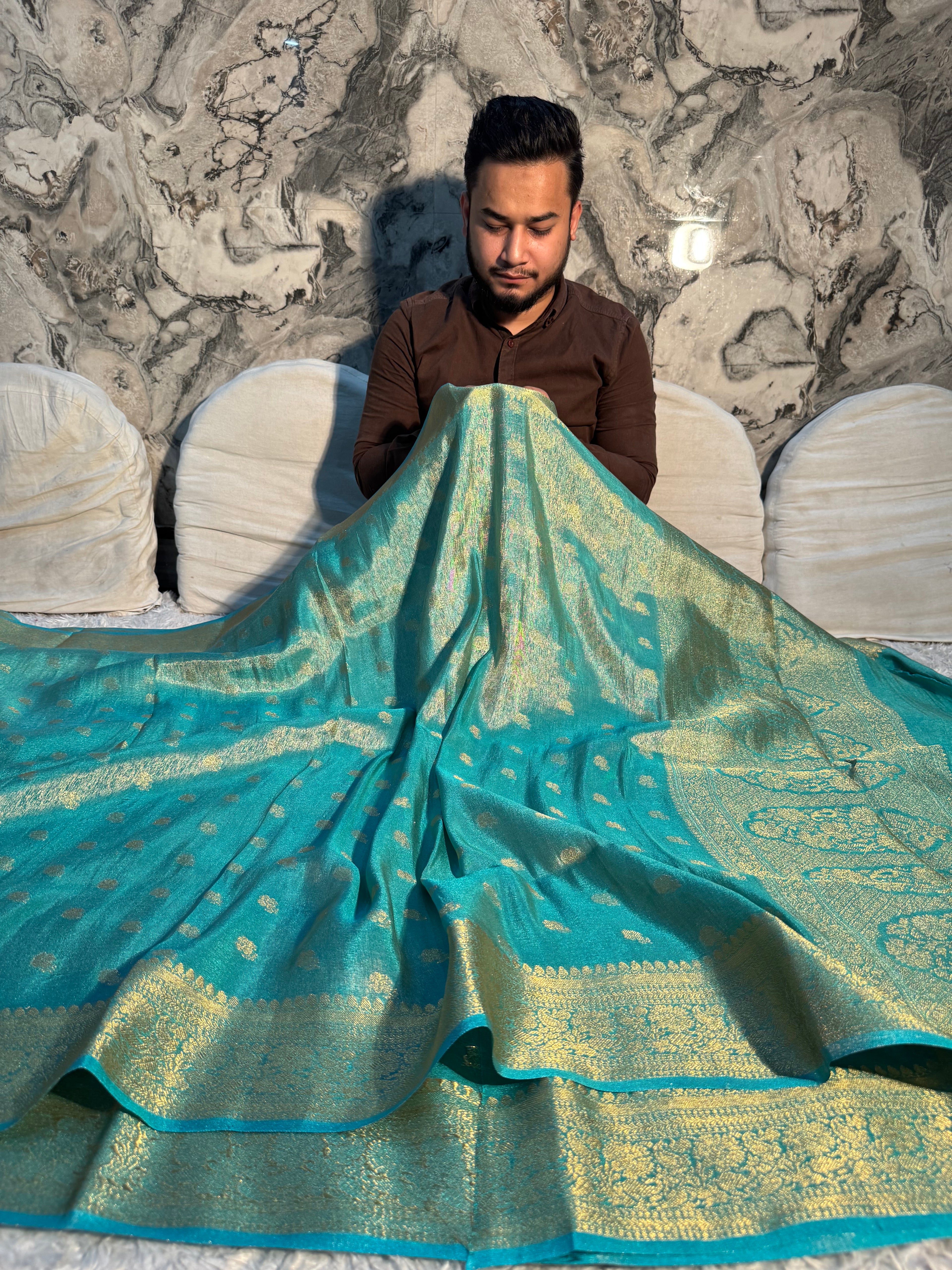 PREMIUM SEA BLUE SHADE SOFT KATAN TISSUE SILK SAREE