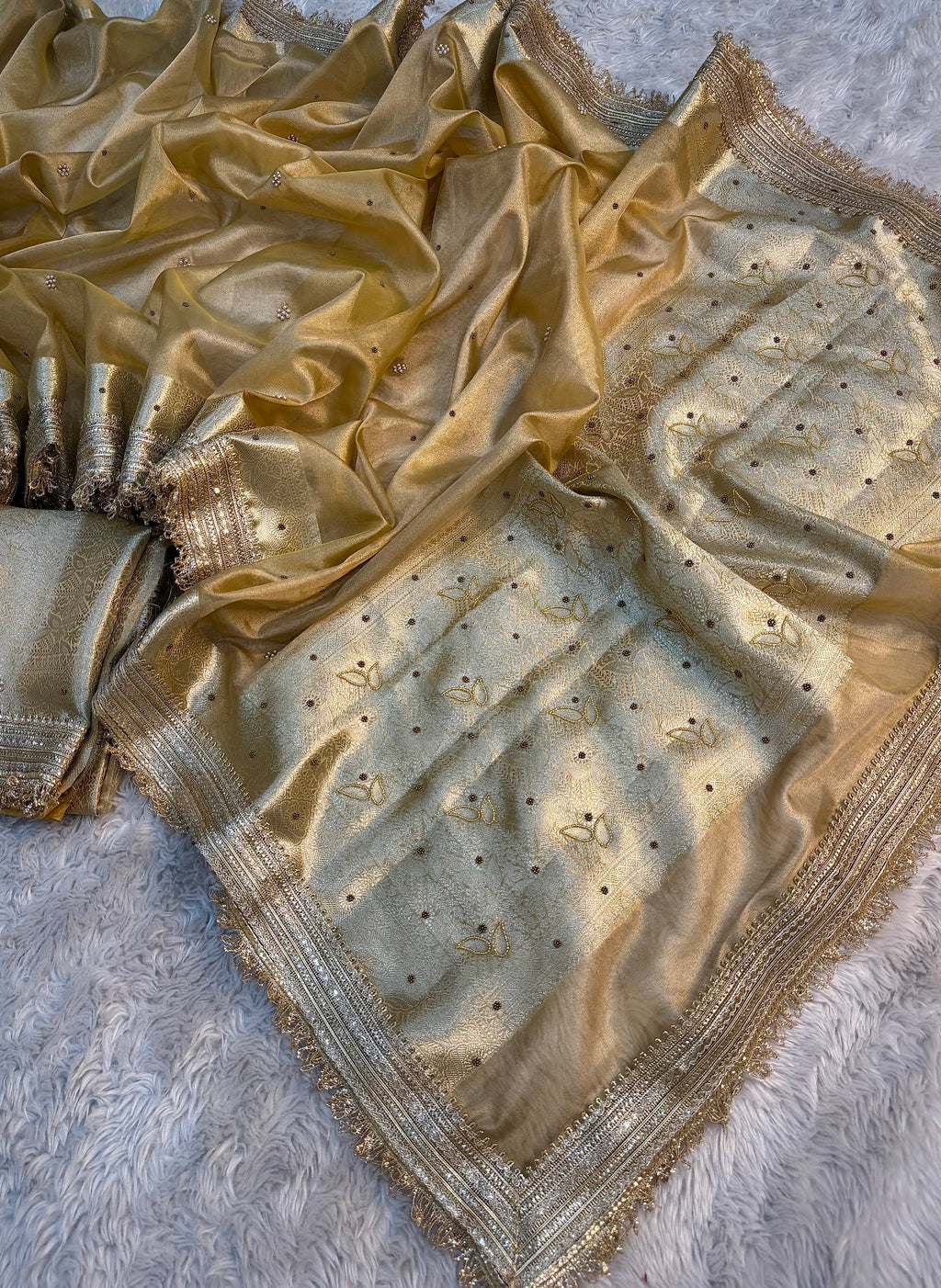 LUXURIOUS CLASSY BEIGE SHADE SOFT TISSUE SILK WITH PREMIUM HAND EMBROIDERY AND LACE WORK