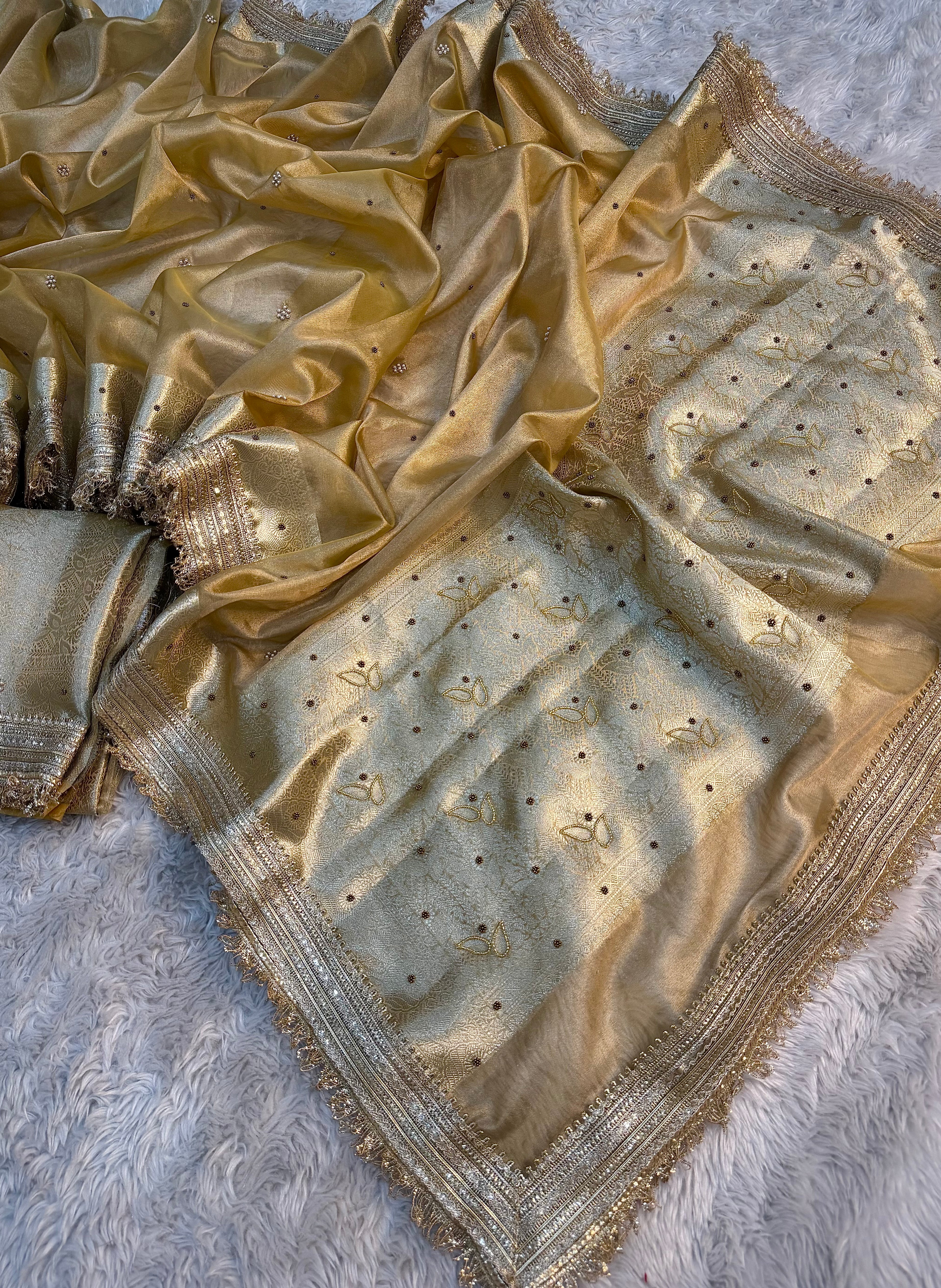 LUXURIOUS CLASSY BEIGE SHADE SOFT TISSUE SILK WITH PREMIUM HAND EMBROIDERY AND LACE WORK