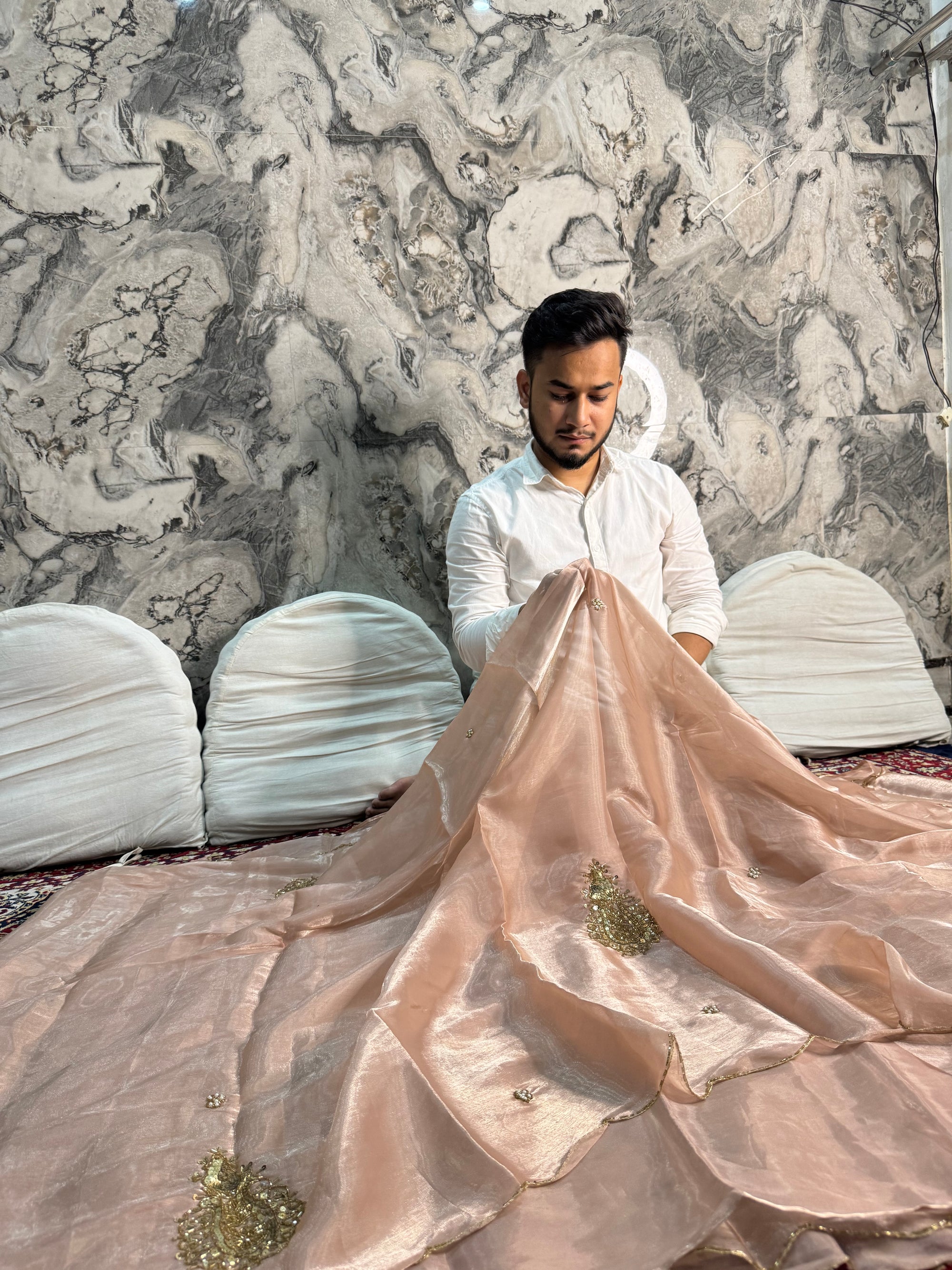 PEACH SHARE SHIMMERY TISSUE HANDWORK SAREE