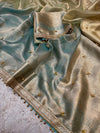PREMIUM LIGHT PISTA & SKY BLUE SOFT BANARASI TISSUE SILK GHUNGROO WORKS SAREE