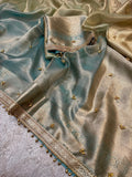 PREMIUM LIGHT PISTA & SKY BLUE SOFT BANARASI TISSUE SILK GHUNGROO WORKS SAREE