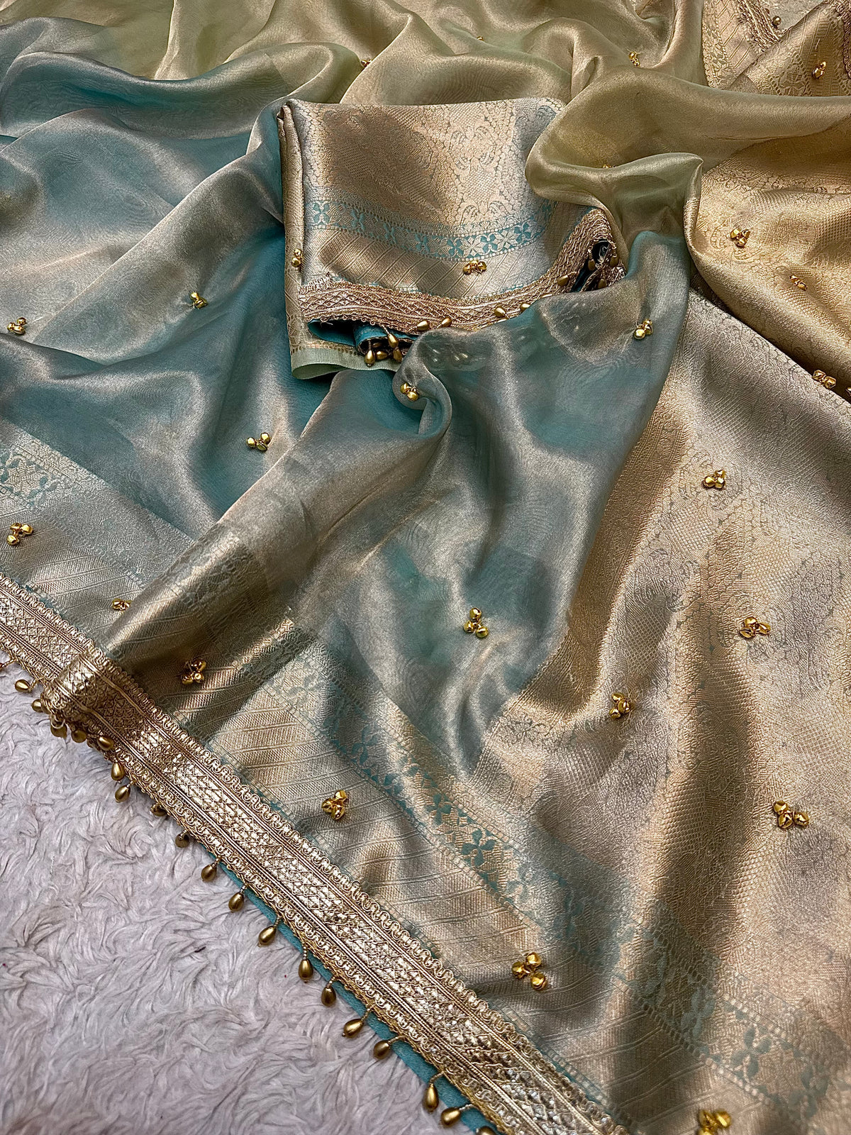 PREMIUM LIGHT PISTA & SKY BLUE SOFT BANARASI TISSUE SILK GHUNGROO WORKS SAREE