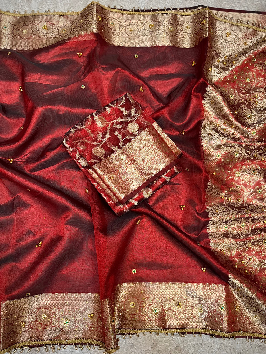 PREMIUM MAROON SHADE GHUNGROO WORK SOFT BANARASI TISSUE SILK DESIGNER SAREE