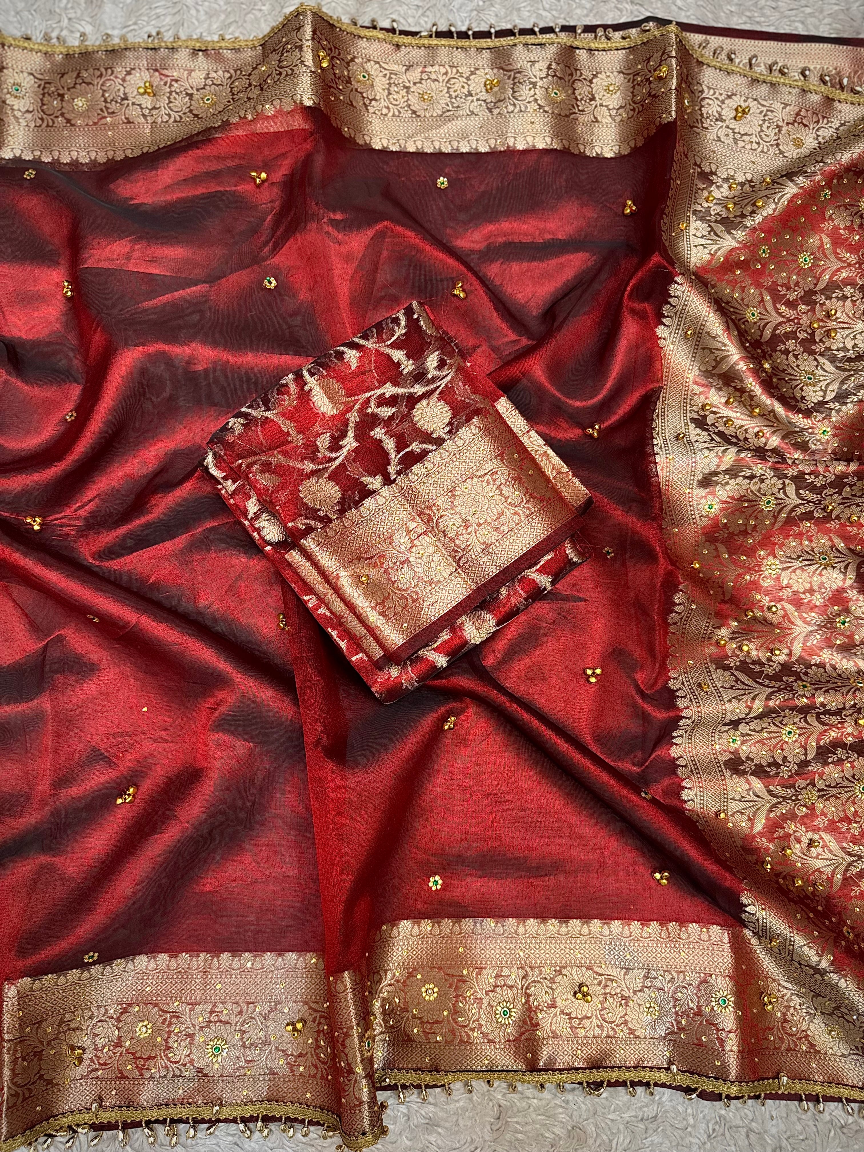 PREMIUM MAROON SHADE GHUNGROO WORK SOFT BANARASI TISSUE SILK DESIGNER SAREE