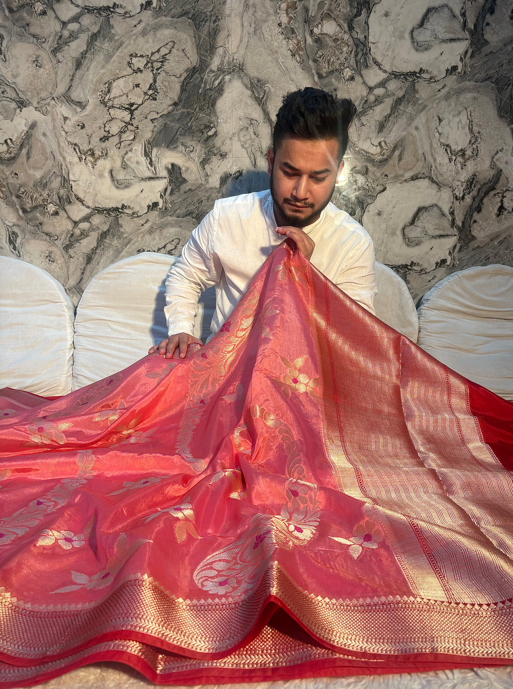 PREMIUM PEACH WITH RED SHADE BANARASI PAPER SILK SAREE WITH BEAUTIFUL DESIGN WEAVE