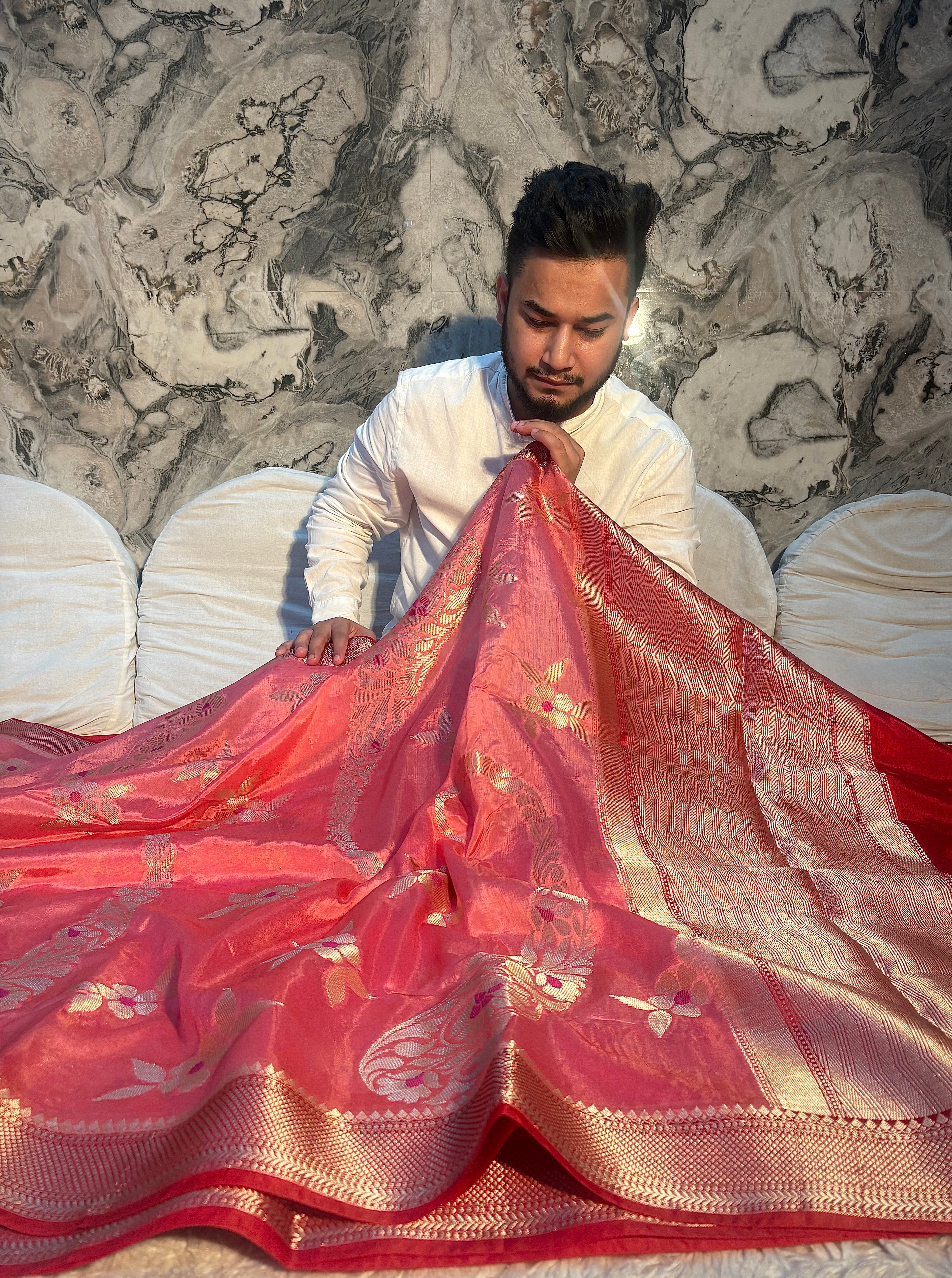 PREMIUM PEACH WITH RED SHADE BANARASI PAPER SILK SAREE WITH BEAUTIFUL DESIGN WEAVE