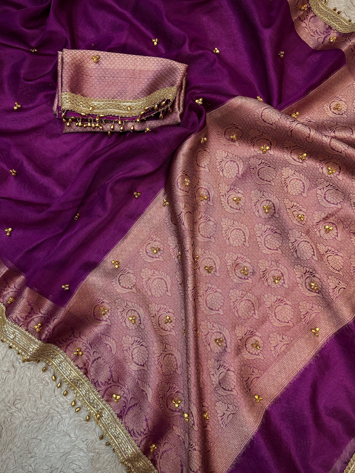 PREMIUM DEEP PURPLE SHADE GHUNGROO WORK SOFT BANARASI TISSUE SILK DESIGNER SAREE
