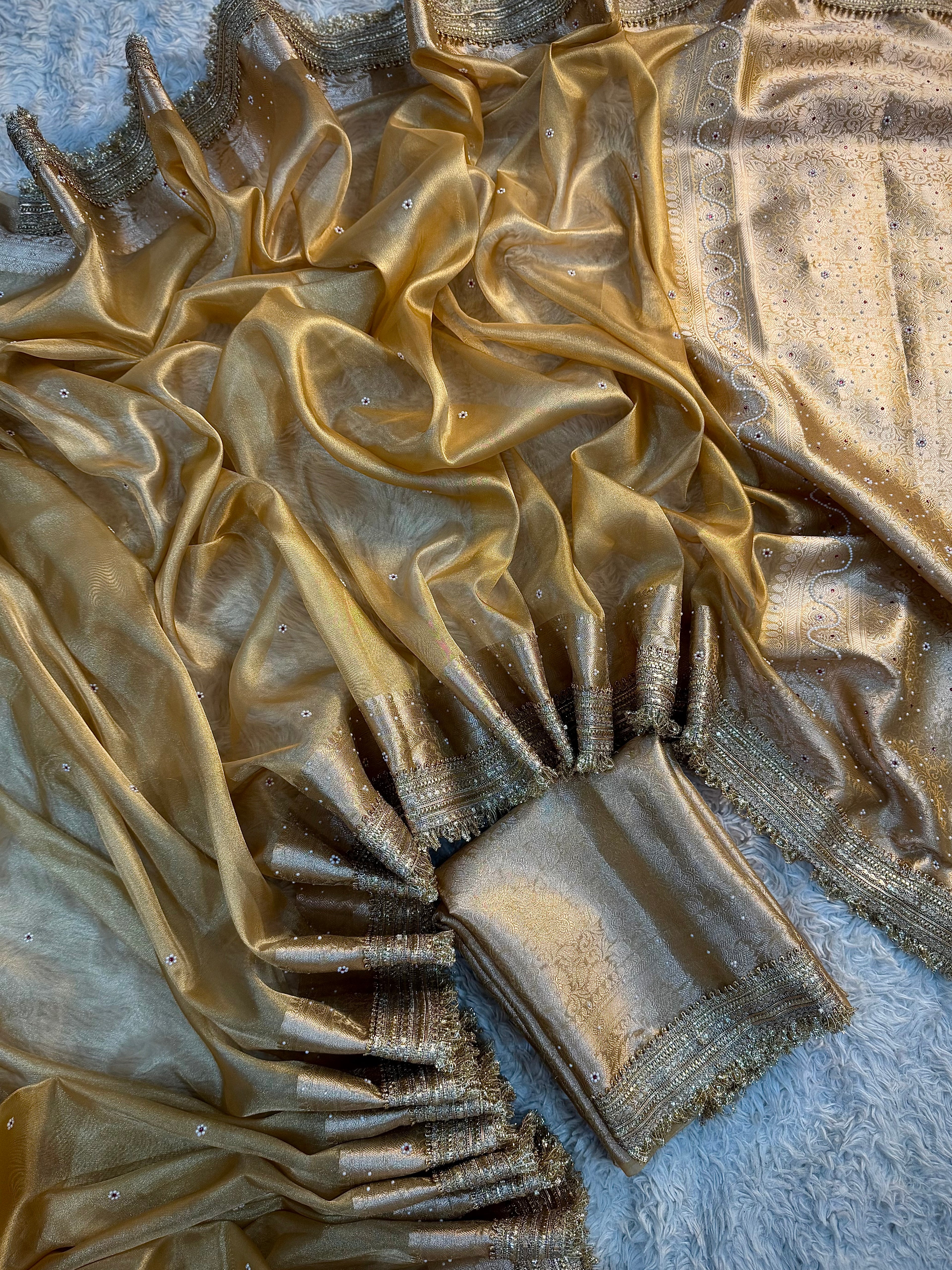 PREMIUM LIGHT GOLDEN SHADE SOFT TISSUE SILK SAREE DESIGNER HAND STONE WORK WITH LACE ATTACHED