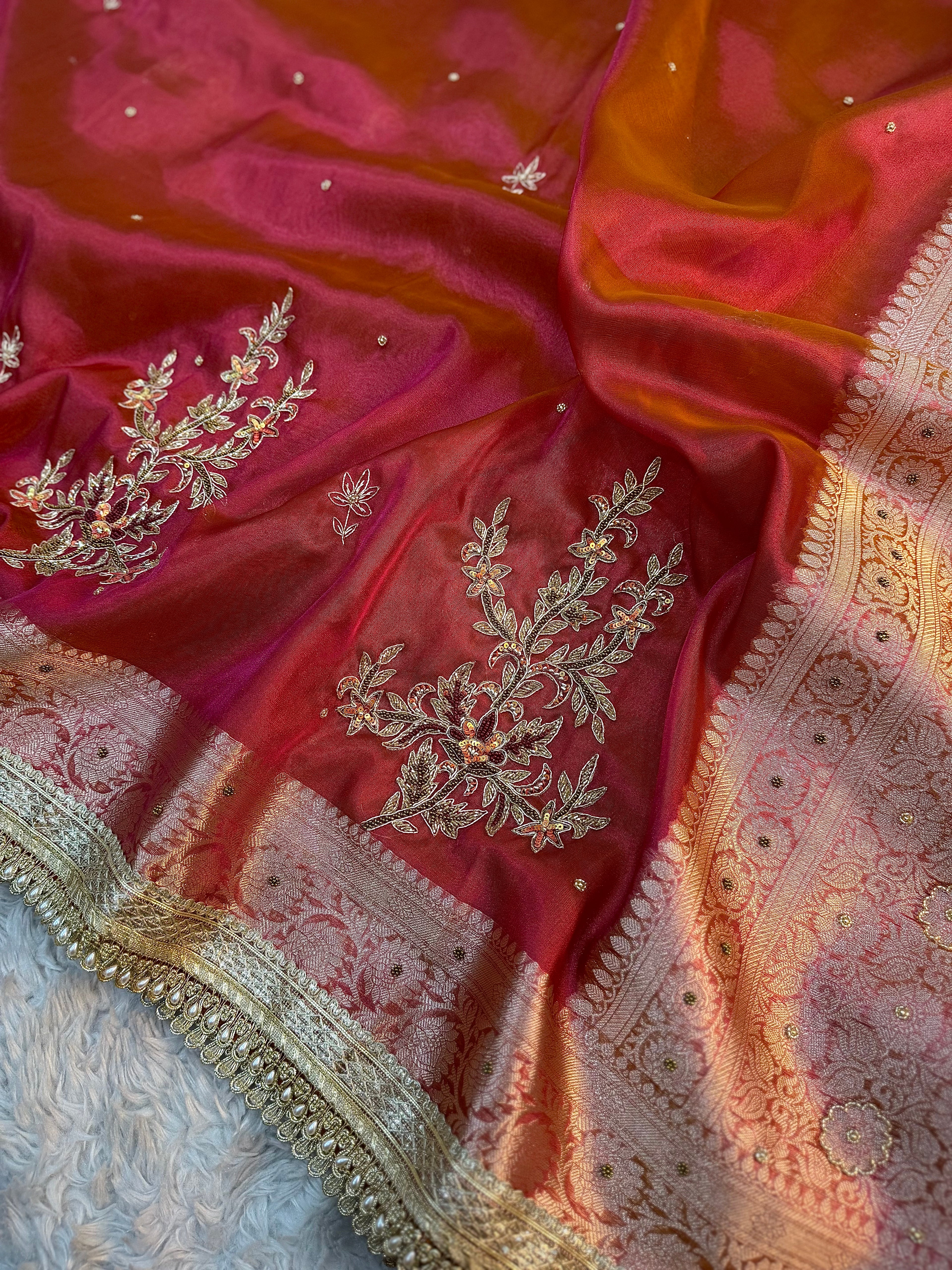 LUXURIOUS ORANGE PINK  SHADE SOFT TISSUE SILK SAREE WITH PREMIUM ZARDOZI AND LACE WORK