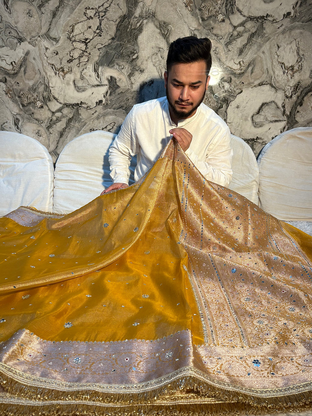EXCLUSIVE YELLOW SHADE SHADE SOFT TISSUE SILK MIRROR WORK DESIGNER SAREE