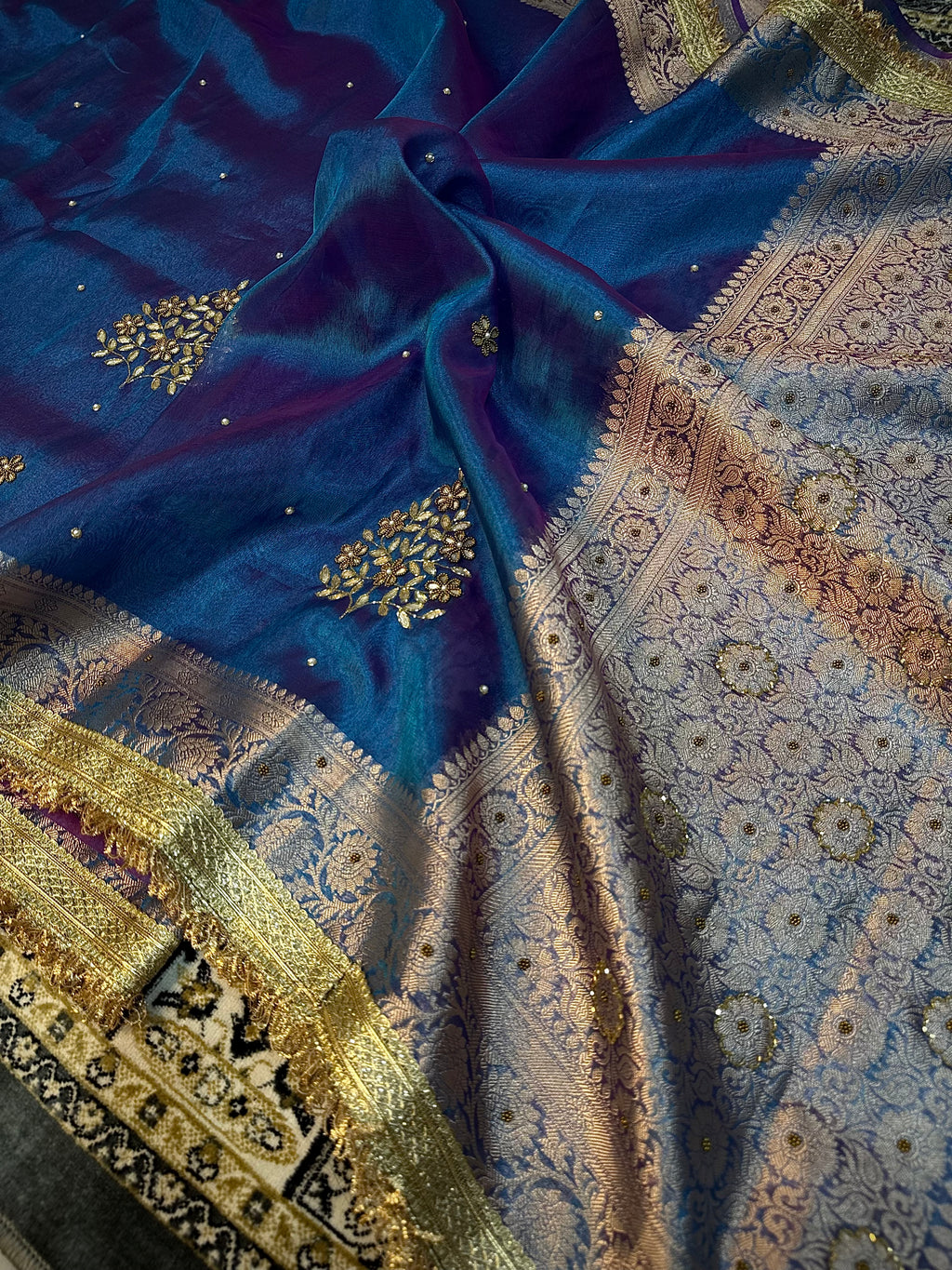 DHOOP CHAON SHADE FIROZI BLUE  AND RANI SOFT TISSUE SILK SAREE WITH PREMIUM ZARDOZI DESIGNER SAREE
