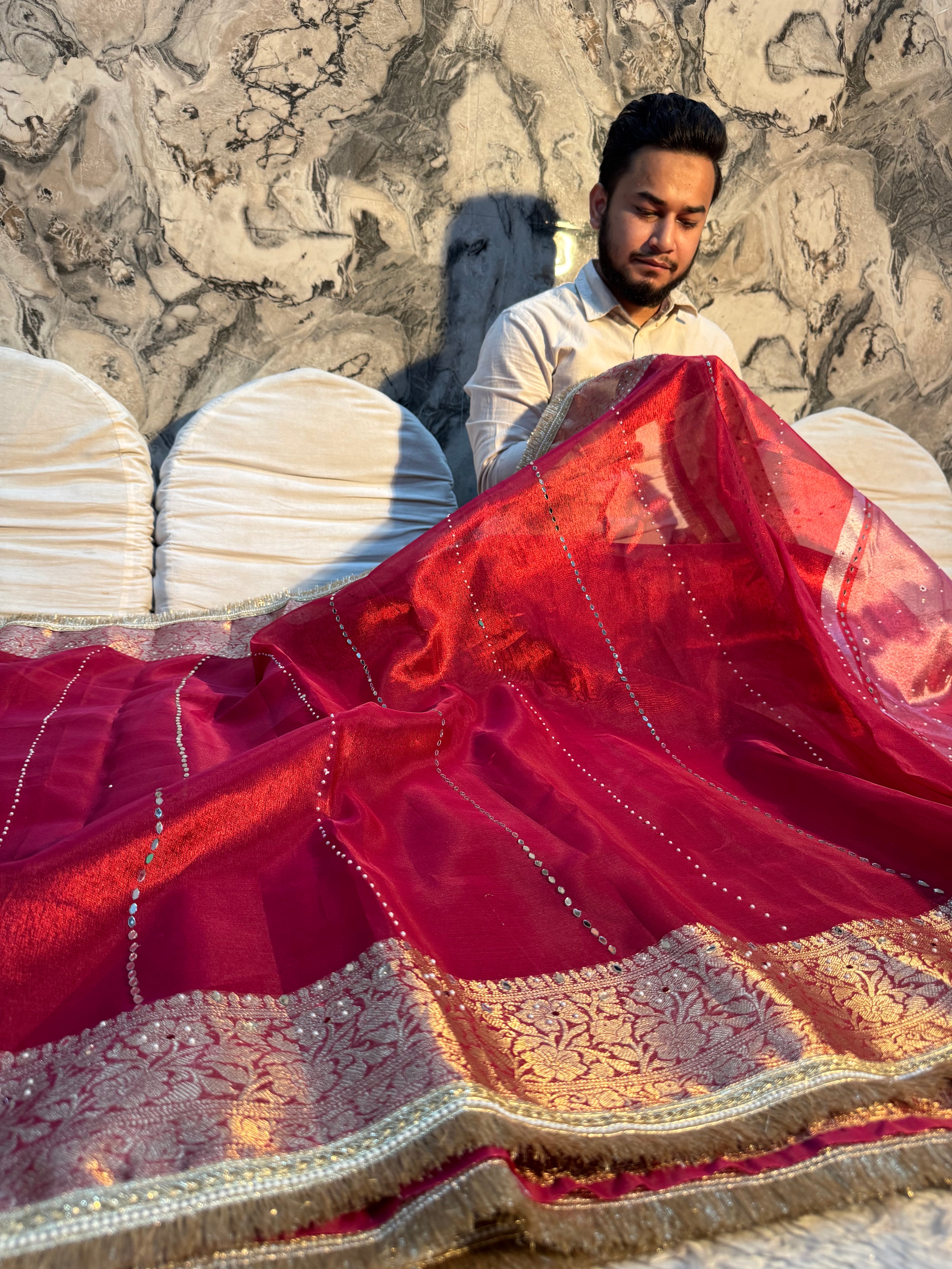 STONE WORK+MIRROR WORK BRIDAL RED SOFT TISSUE SILK DESIGNER SAREE