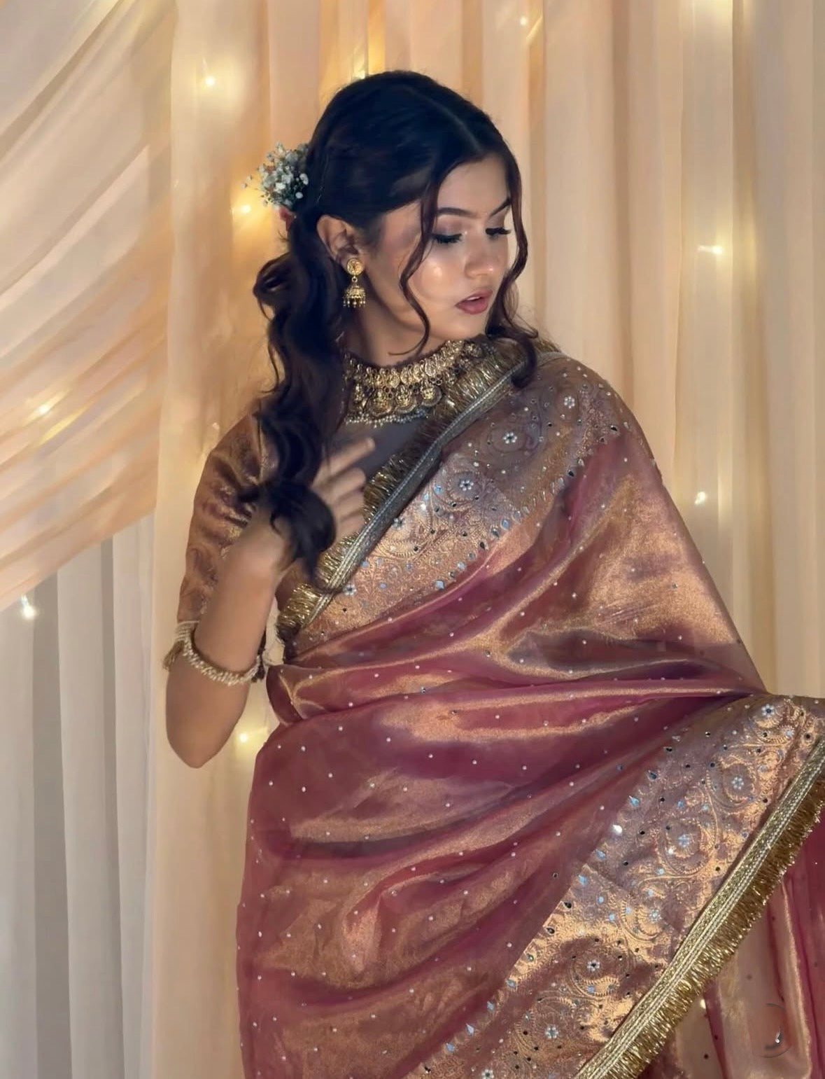 EXCLUSIVE ROSE PINK SHADE SOFT TISSUE SILK SAREE DESIGNER HEAVY HAND STONE WORK WITH LACE ATTACHED