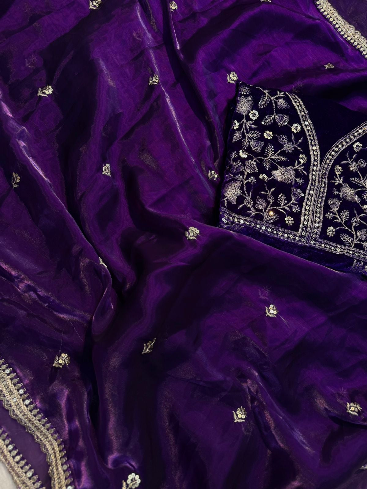 PREMIUM DEEP PURPLE SHIMMERY TISSUE SILK HANDWORK SAREE