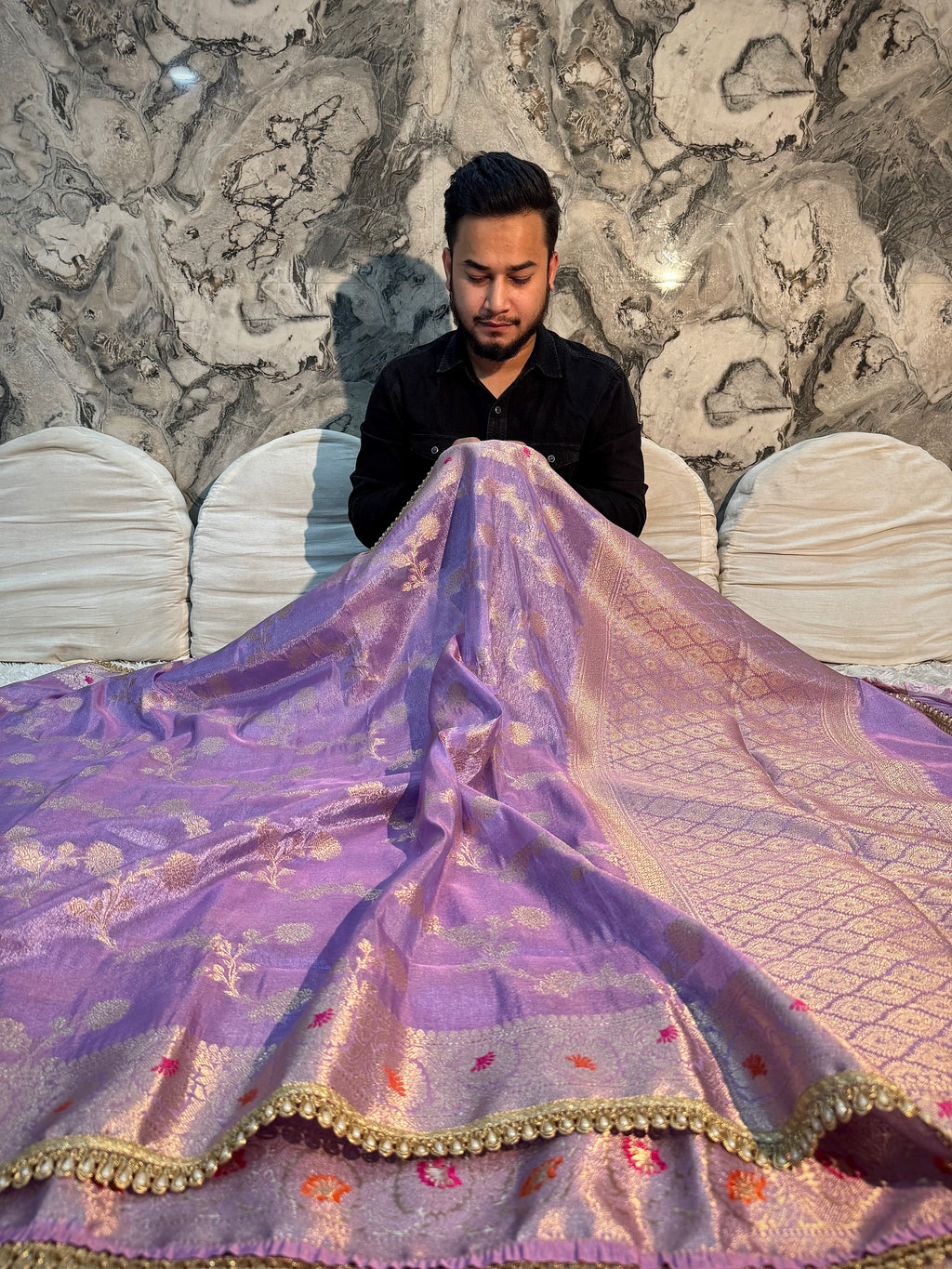 PREMIUM METALLIC LAVEDNDER BANARASI KATAN TISSUE SILK DESIGNER SAREE