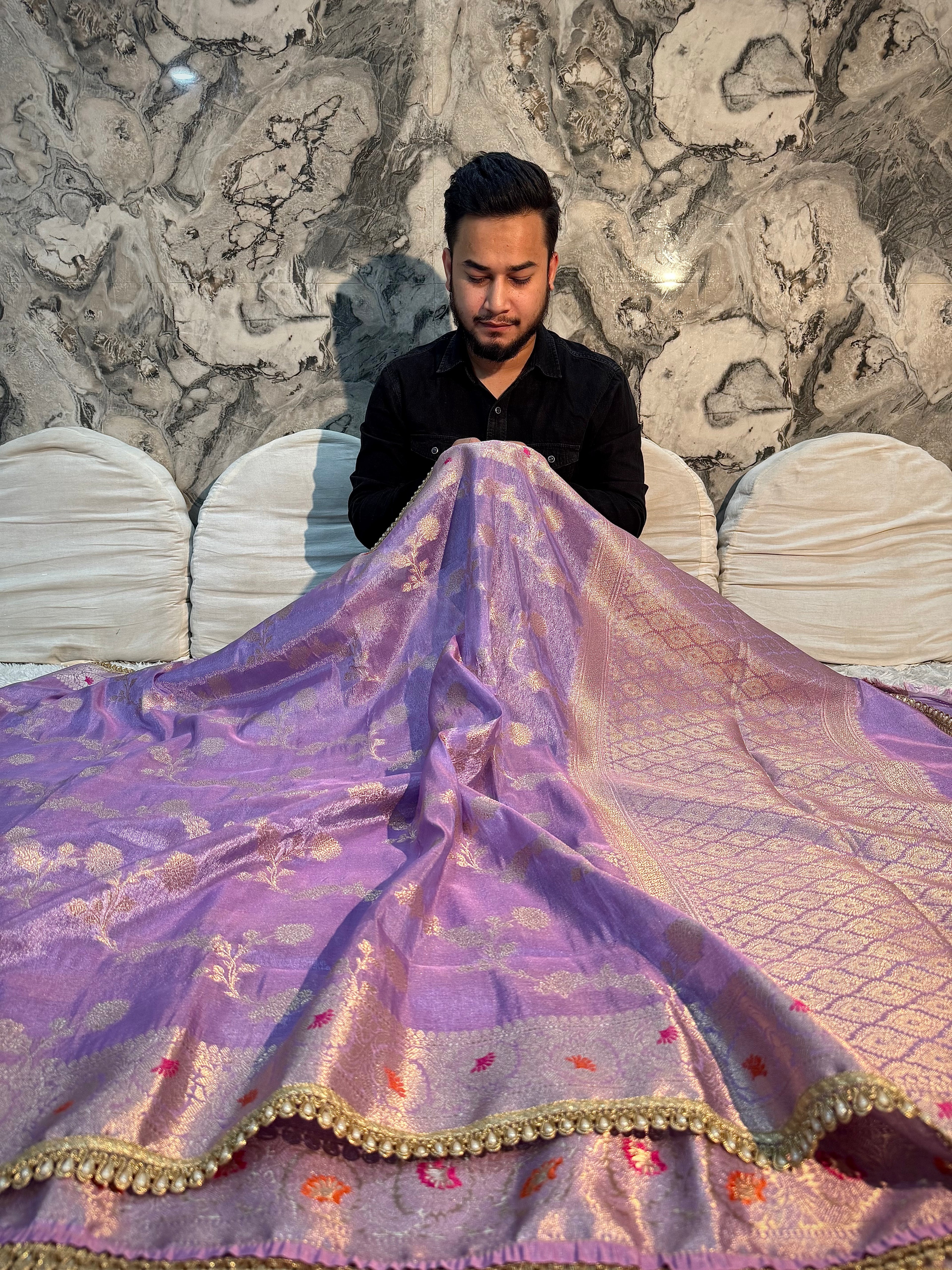 PREMIUM METALLIC LAVEDNDER BANARASI KATAN TISSUE SILK DESIGNER SAREE