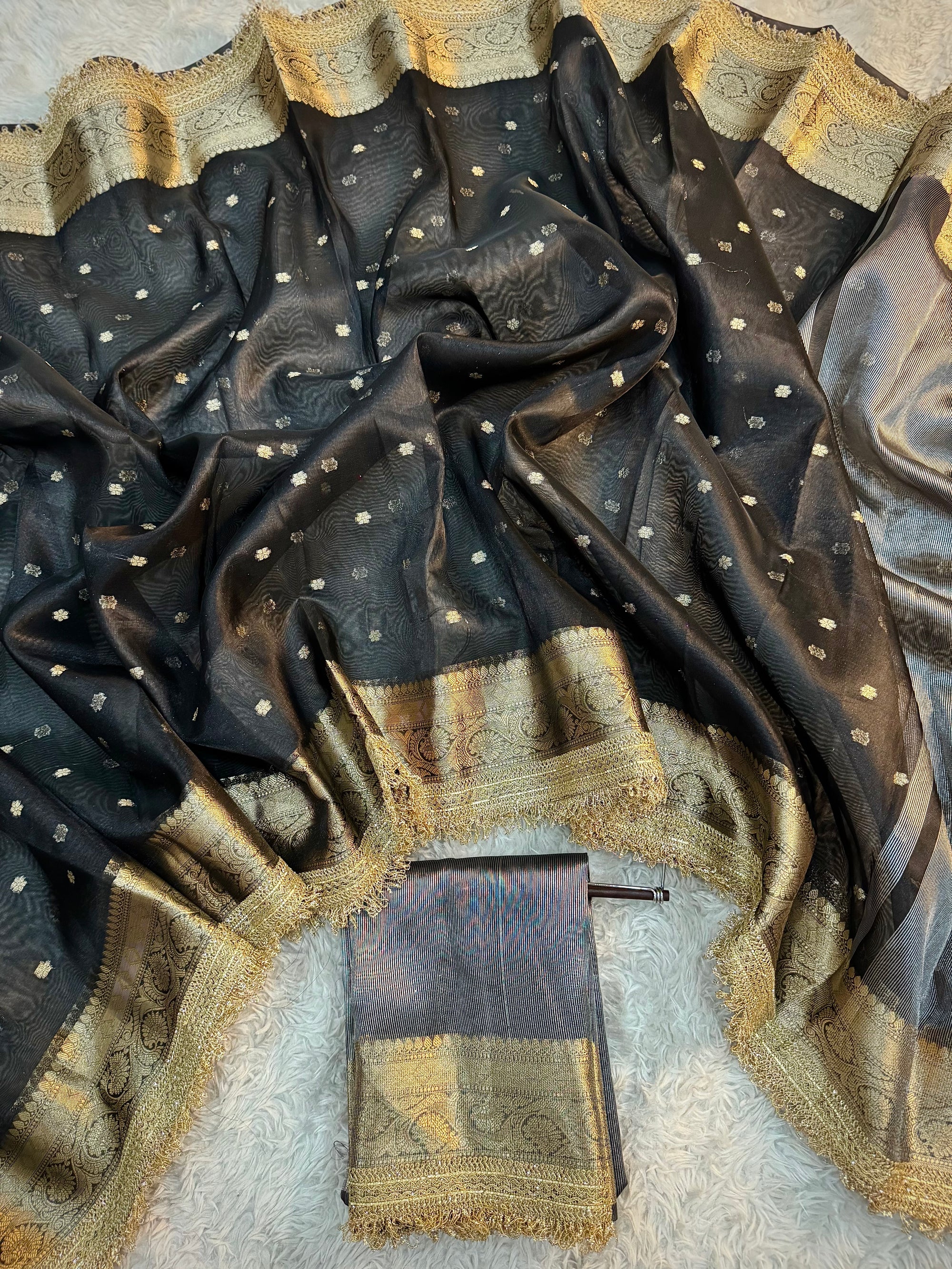 PREMIUM BLACK DESIGNER TISSUE SILK BOOTI SAREE WITH LACE ATTACHED