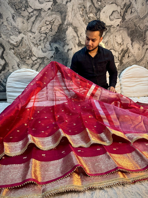 *DHOOP CHHAON* PREMIUM PINK AND RED DESIGNER TISSUE SILK BOOTI SAREE WITH LACE ATTACHED