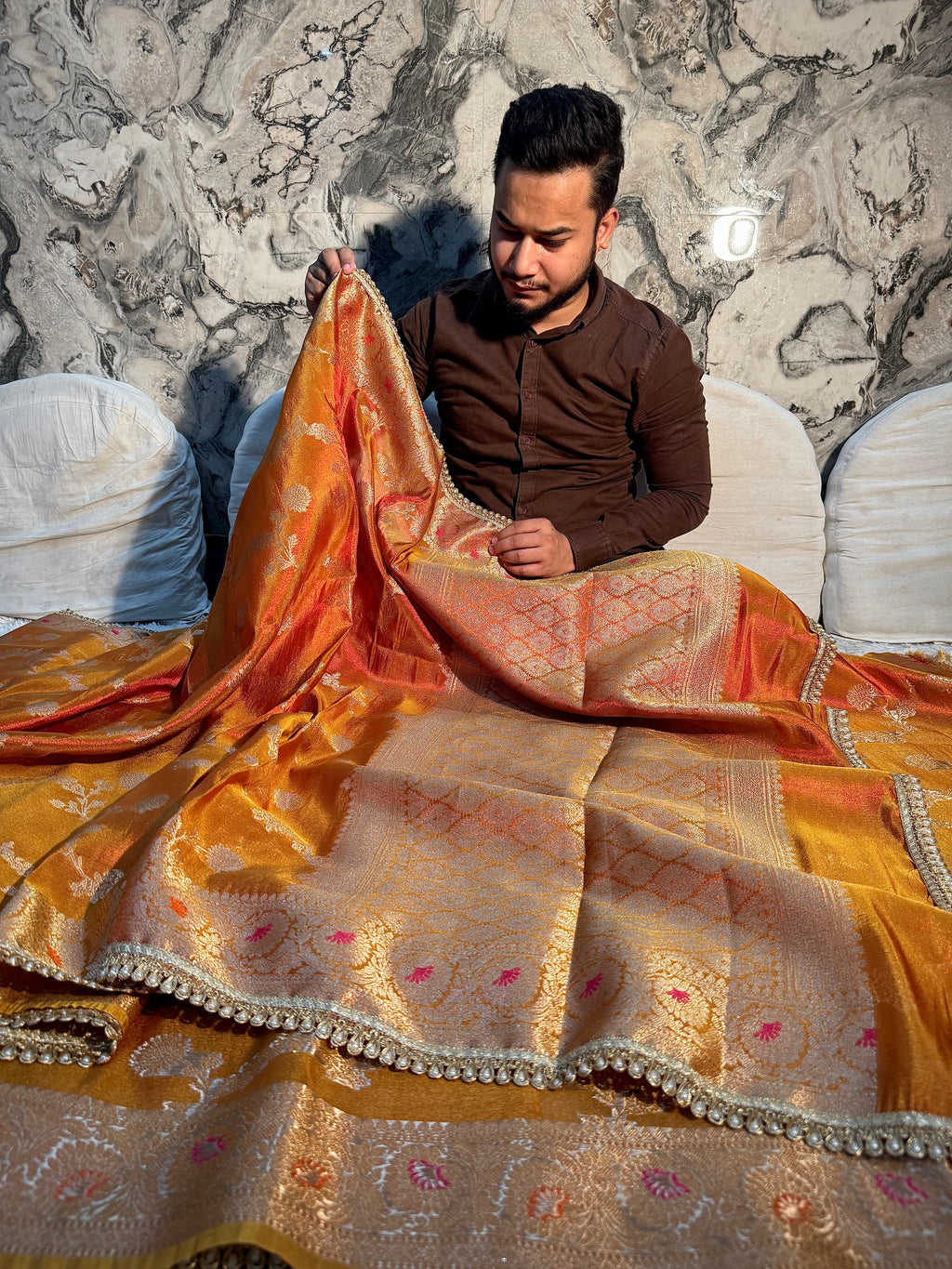DHOOP CHAON RUST SHADE BANARASI KATAN TISSUE SILK DESIGNER SAREE