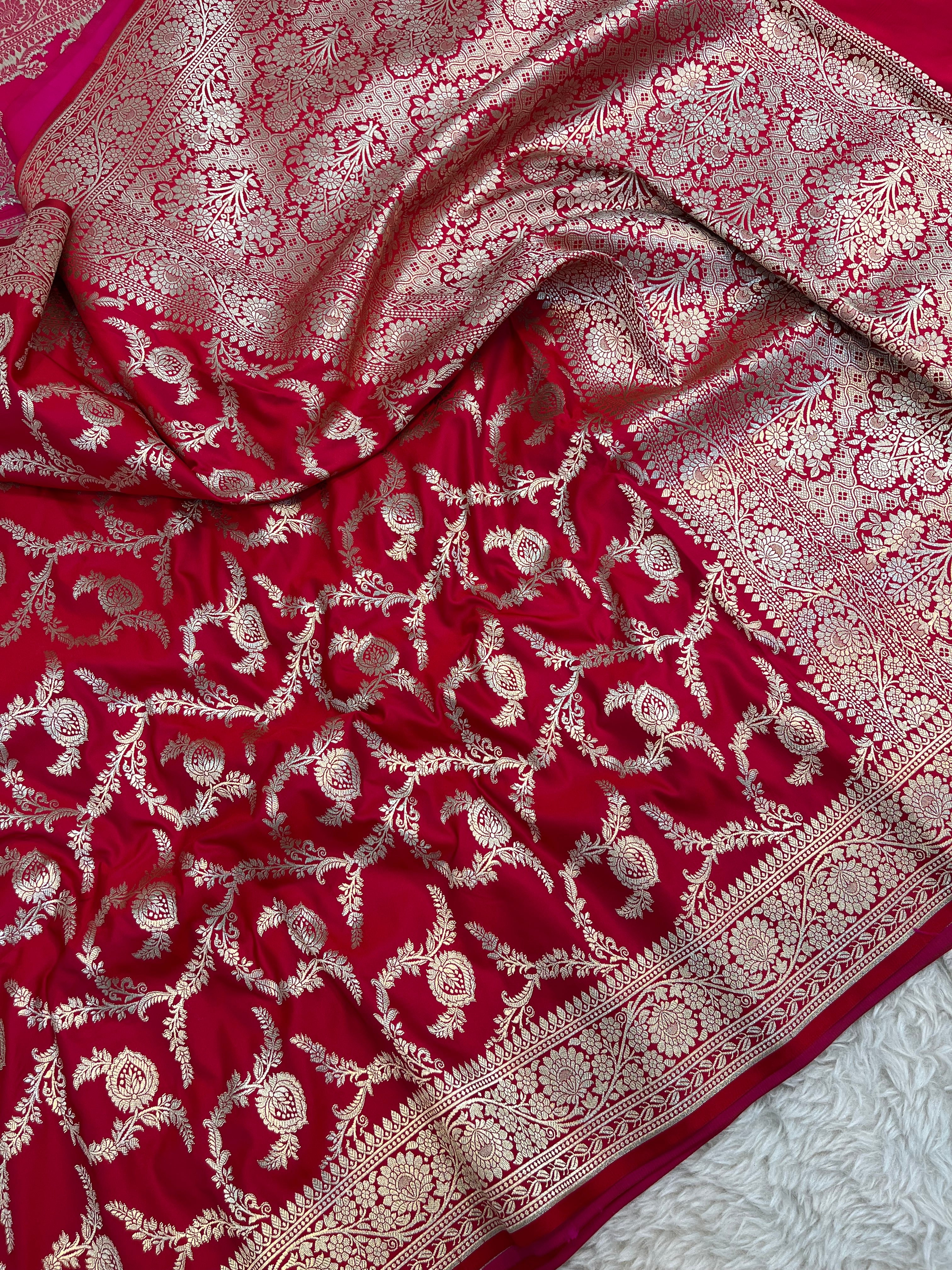 PREMIUM BRIDAL RED SHADE MASHRU KATAN SILK JAAL DESIGN WEAVE SAREE