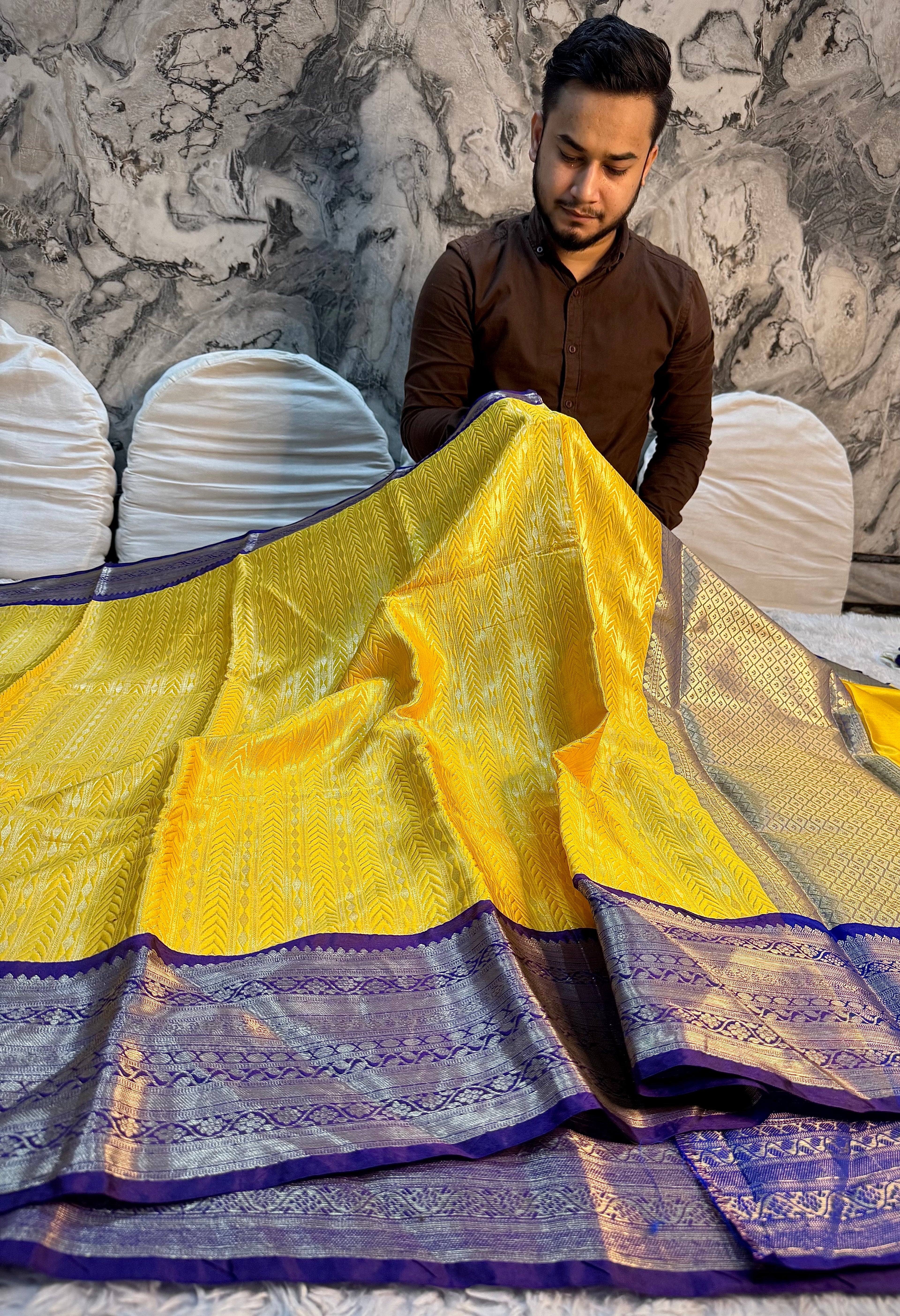 PREMIUM YELLOW SHADE KANJIVERAM SOFT TISSUE SILK SAREE WITH