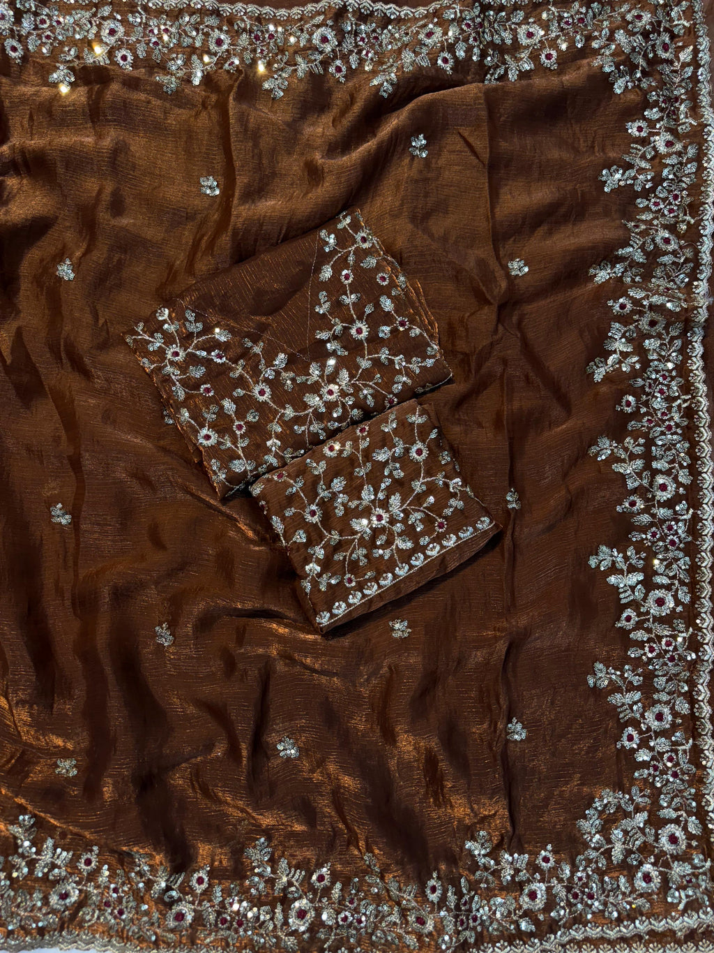 PREMIUM BURNT BRONZE SHIMMERY TISSUE SILK HANDWORK SAREE