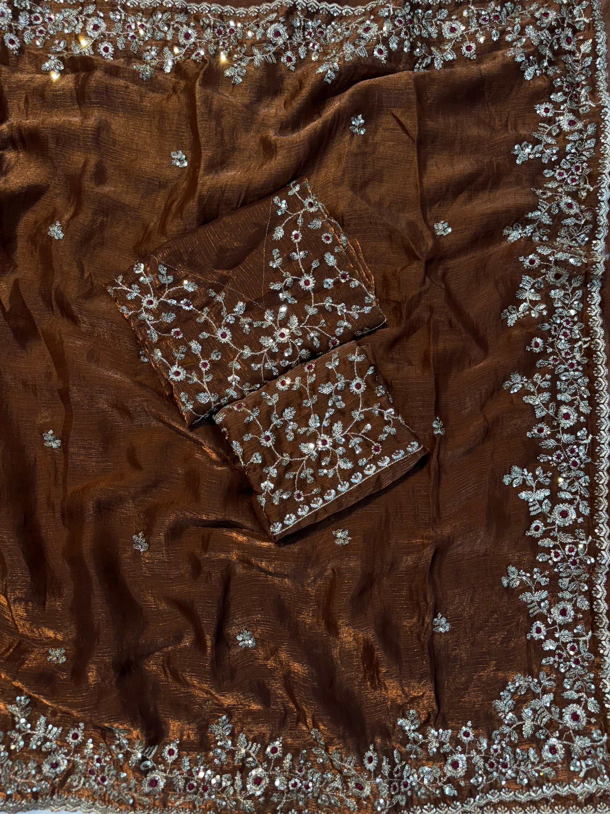 PREMIUM BURNT BRONZE SHIMMERY TISSUE SILK HANDWORK SAREE