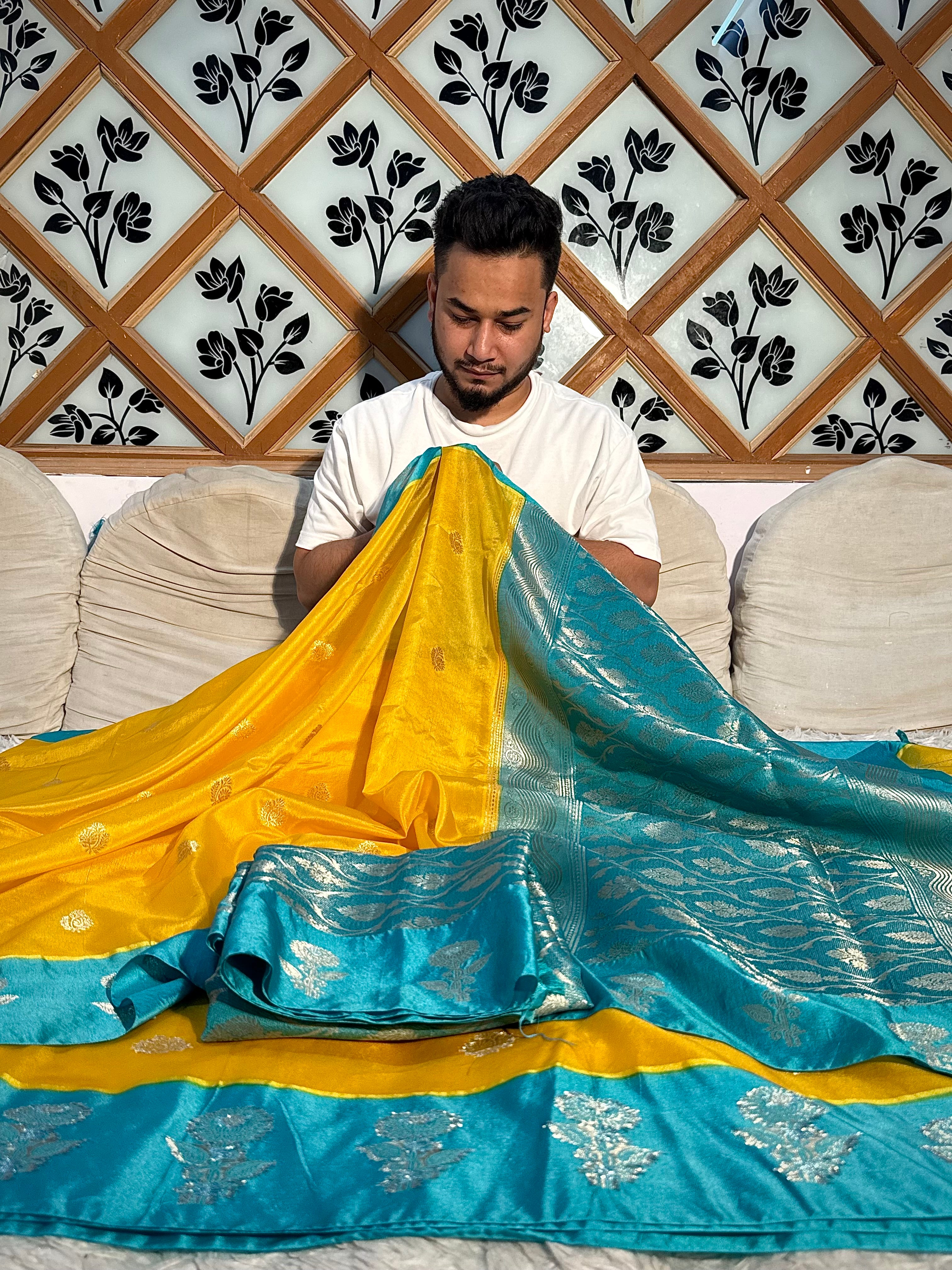 PREMIUM YELLOW AND TEAL SHADE VISCOSE SILK SAREE