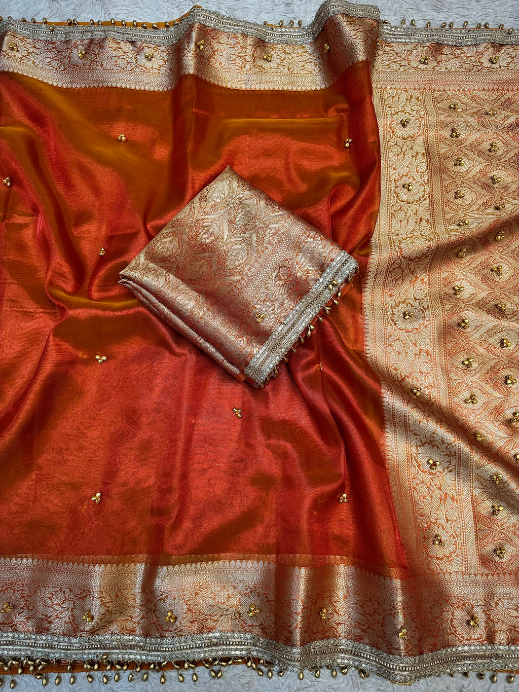 PREMIUM RUST SHADE GHUNGROO WORK SOFT BANARASI TISSUE SILK DESIGNER SAREE