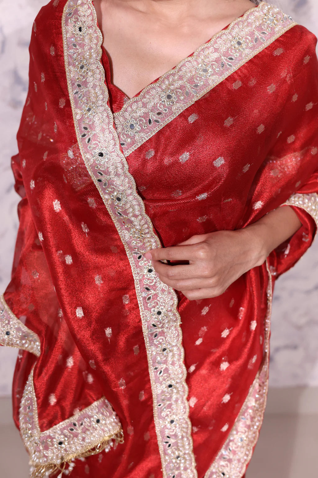 PREMIUM BRIDAL RED SHADE DESIGNER SOFT TISSUE SILK BOOTI SAREE WITH MOTI LACE ATTACHED