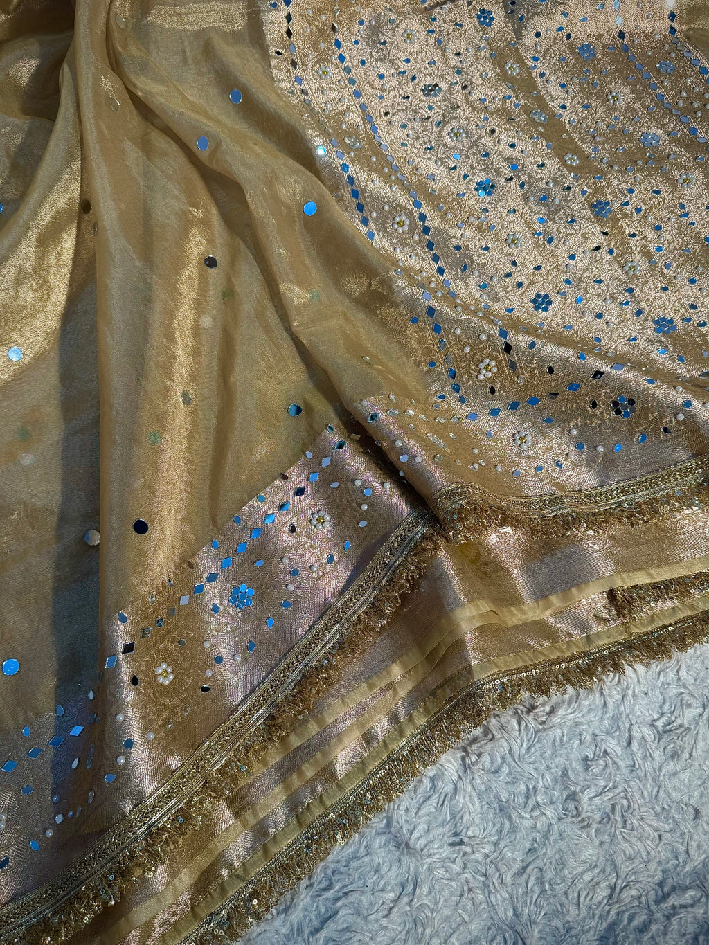 EXCLUSIVE CHAMPAGNE GOLD SHADE SOFT TISSUE SILK MIRROR WORK DESIGNER SAREE