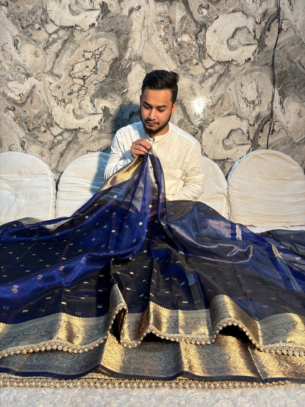 *DHOOP CHHAON* PREMIUM NEVY BLUE DESIGNER TISSUE SILK BOOTI SAREE WITH LACE ATTACHED